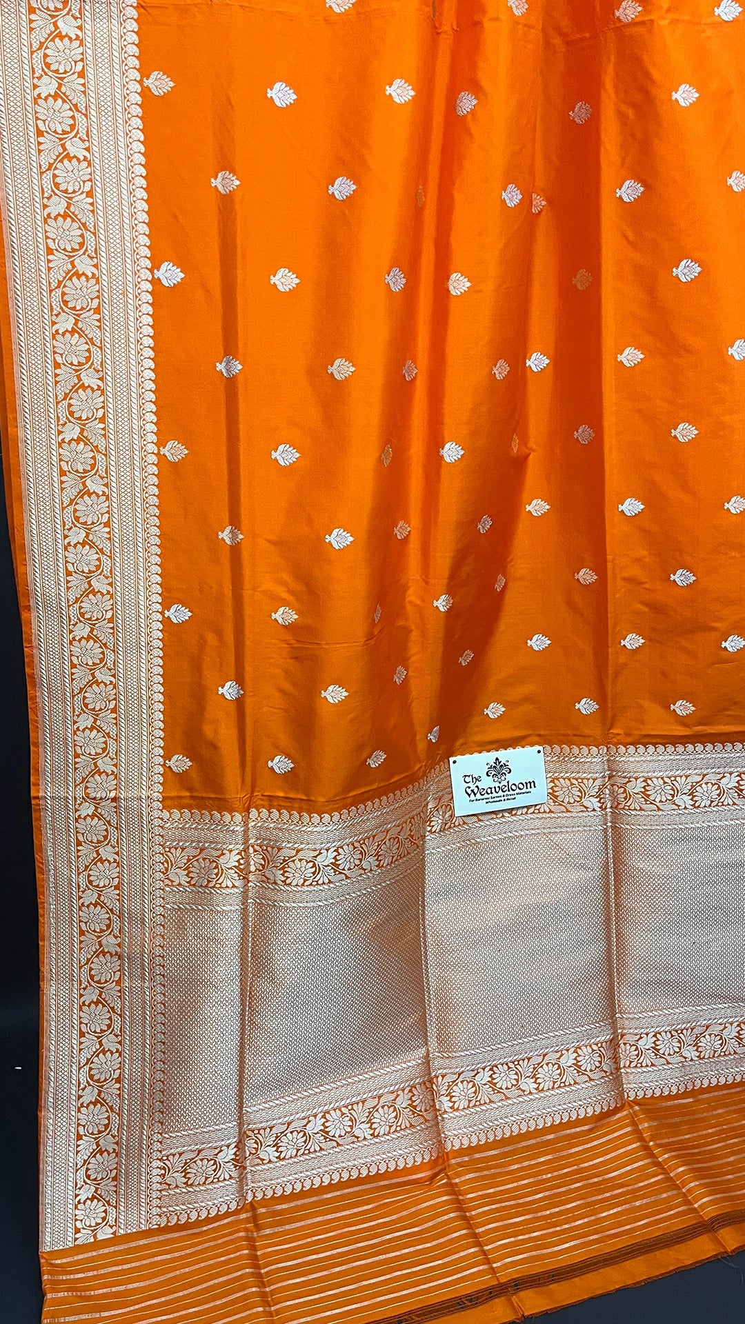 Orange Pure Katan Silk Handloom Banarasi Saree with Gold Zari Buta and Border by The Weaveloom