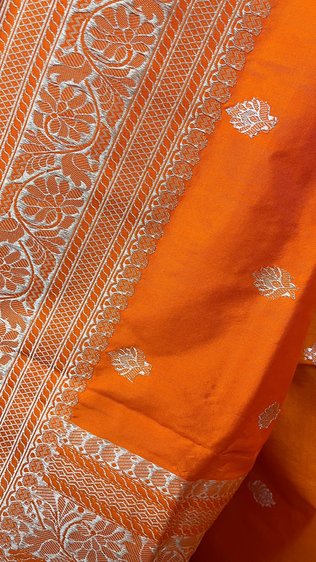 Orange Pure Katan Silk Handloom Banarasi Saree with Gold Zari Buta and Border by The Weaveloom