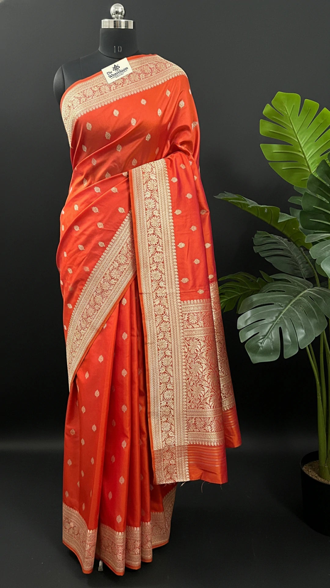 Orange Pure Katan Silk Kadwa Handloom Banarasi Saree with Zari Jaal & Floral Border | The Weaveloom