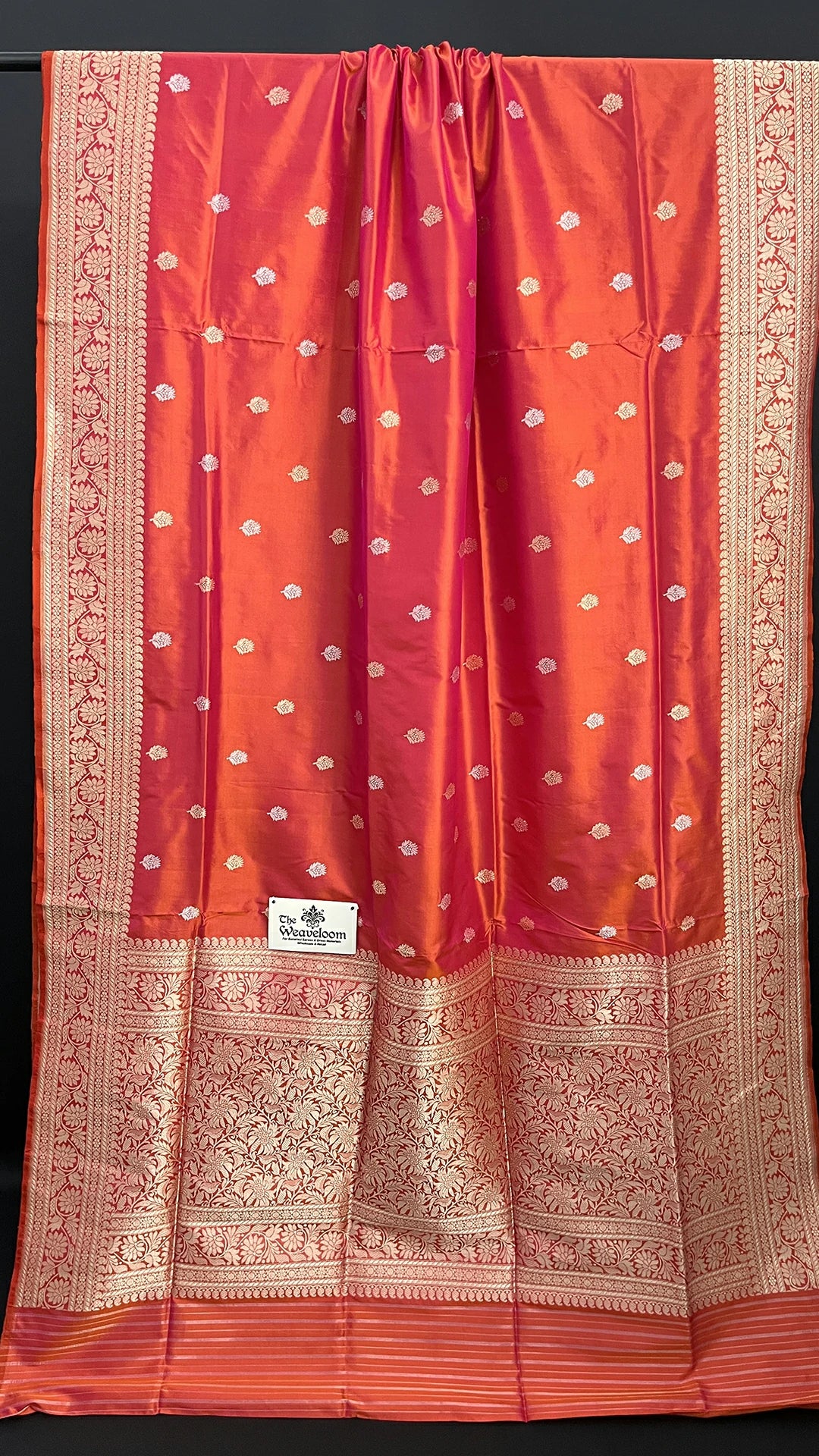 Orange Pure Katan Silk Kadwa Handloom Banarasi Saree with Zari Jaal & Floral Border | The Weaveloom