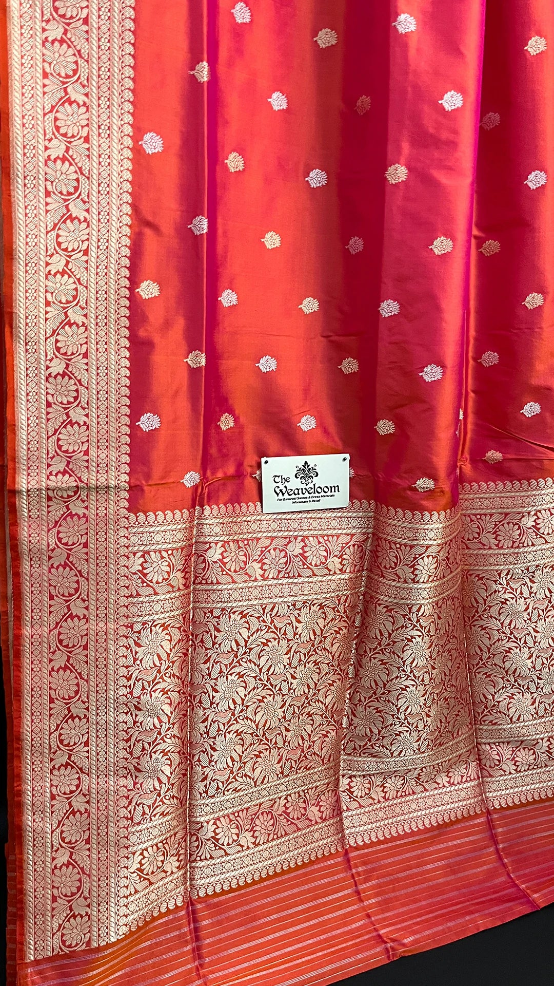 Orange Pure Katan Silk Kadwa Handloom Banarasi Saree with Zari Jaal & Floral Border | The Weaveloom