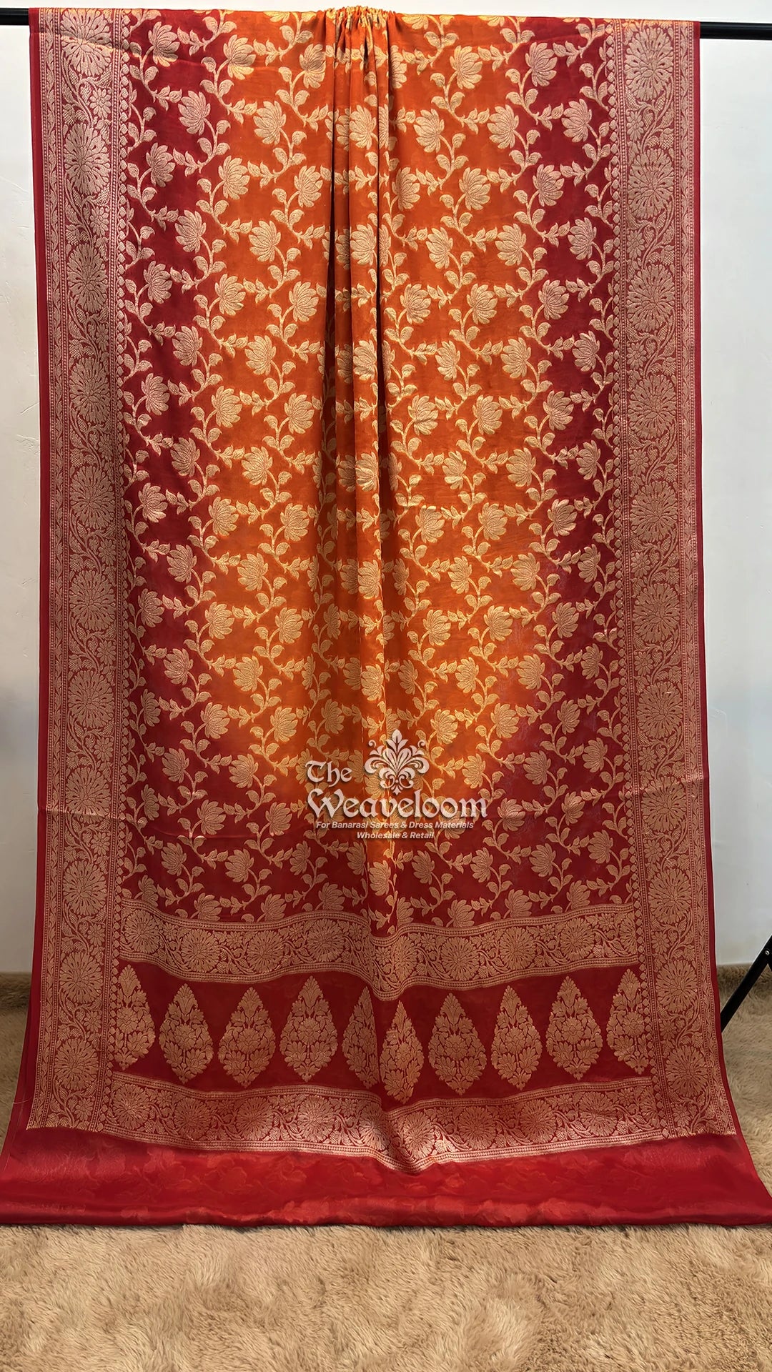 Orange Red Dual Shade Lotus Jaal Crepe Georgette Pure Banarasi Saree by The Weaveloom