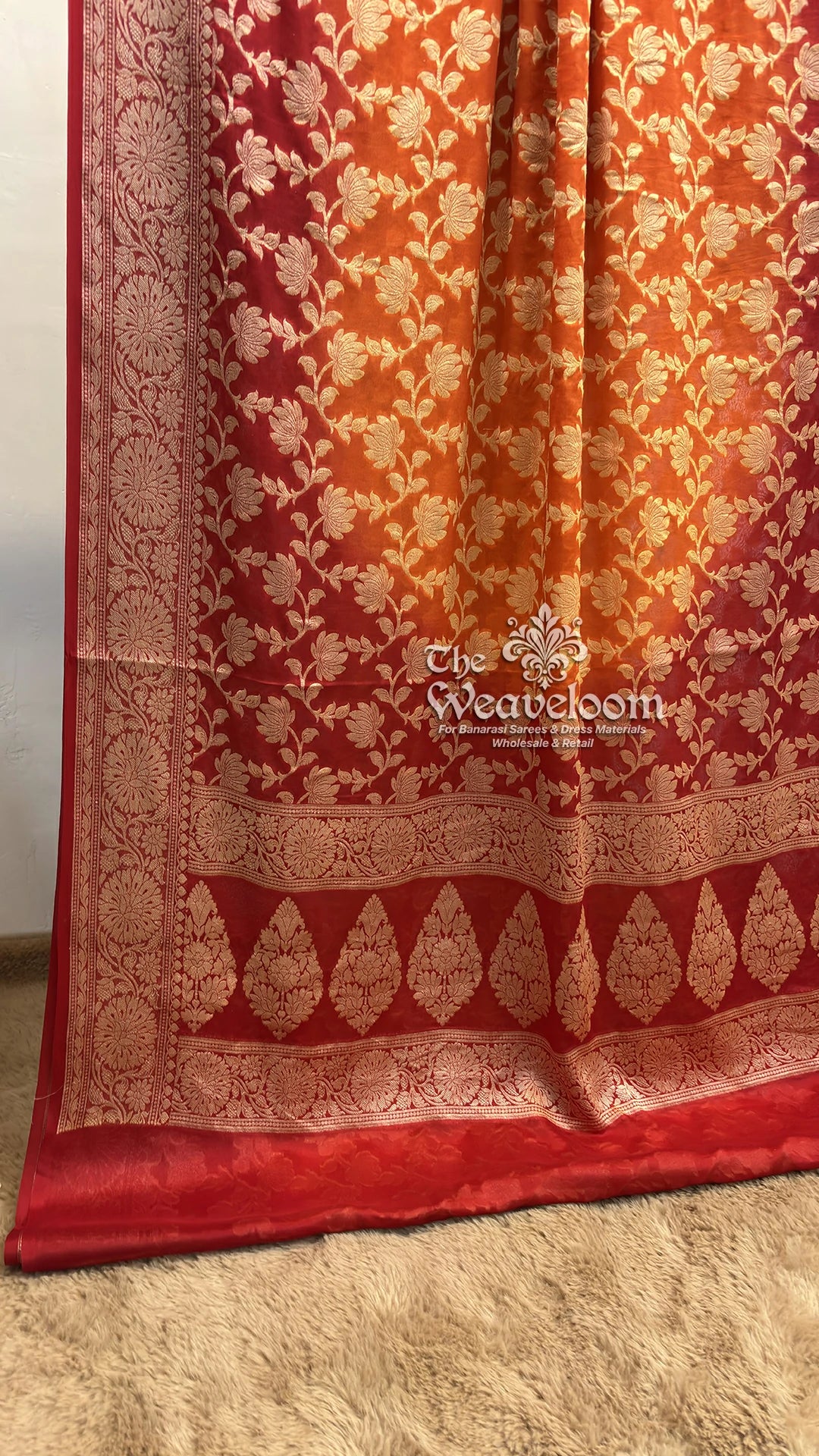 Orange Red Dual Shade Lotus Jaal Crepe Georgette Pure Banarasi Saree by The Weaveloom