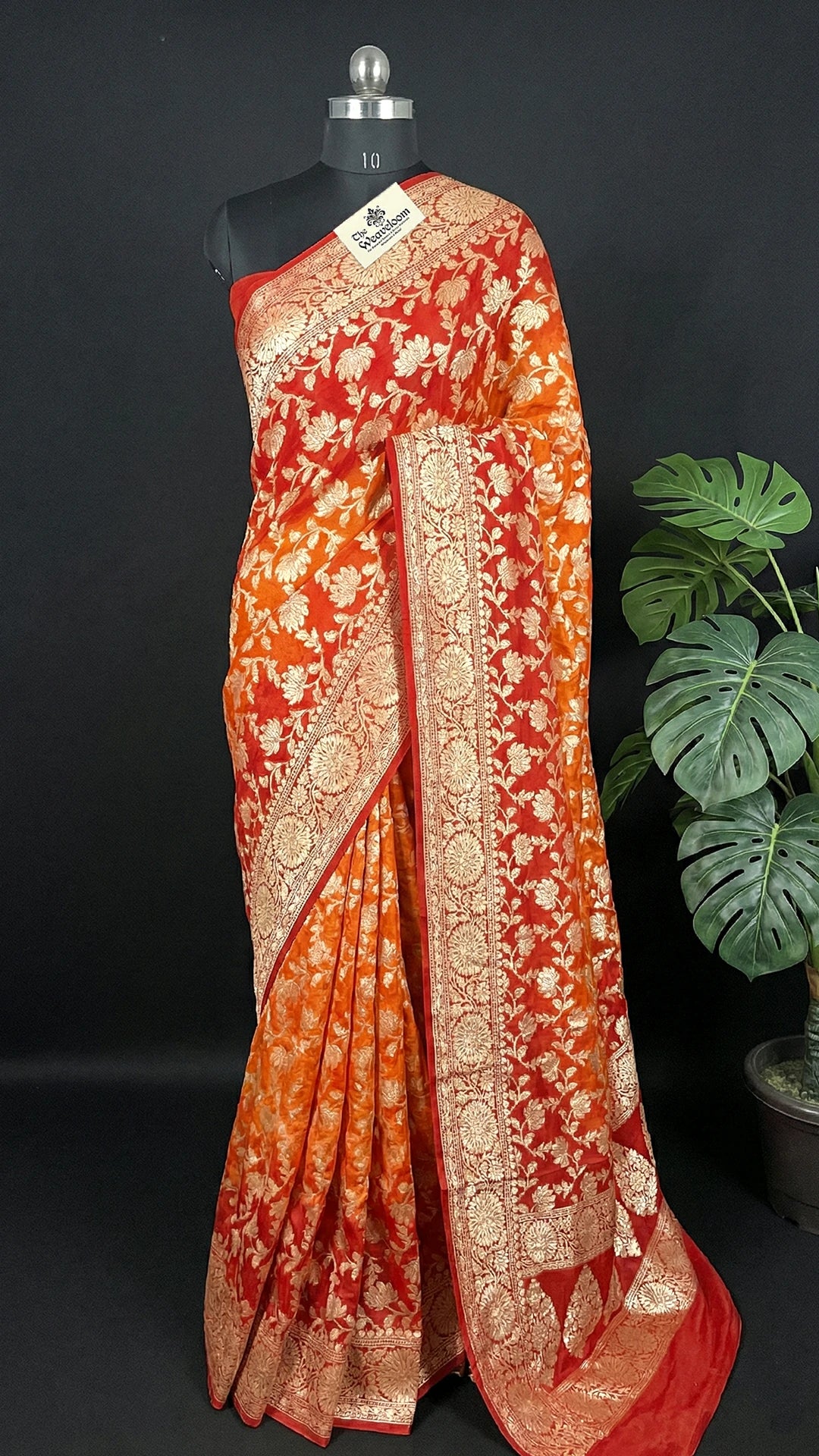 Orange & Red Dual Tone Floral Zari Work Crepe Georgette Pure Banarasi Saree by The Weaveloom