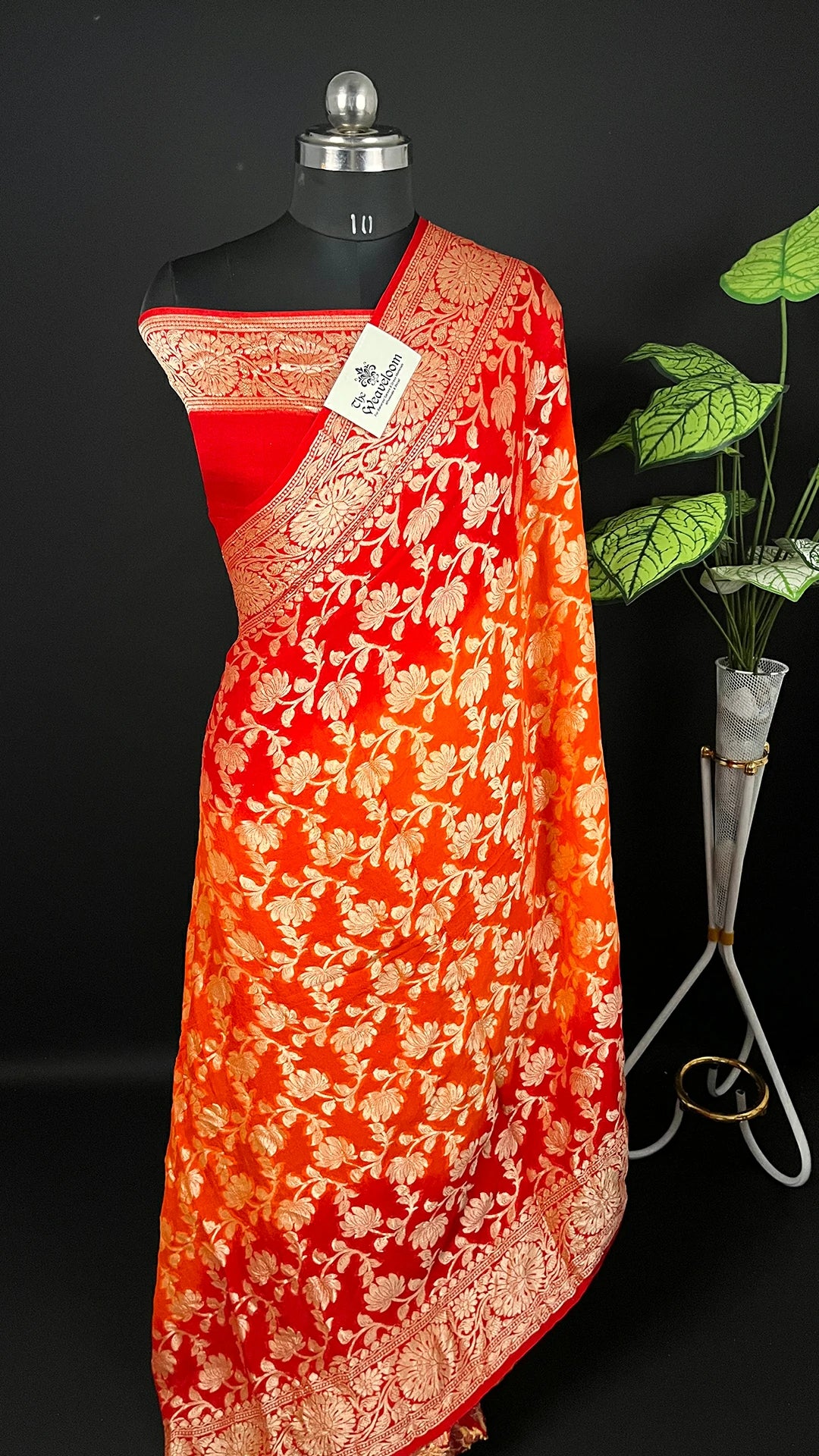Orange & Red Dual Tone Floral Zari Work Crepe Georgette Pure Banarasi Saree by The Weaveloom