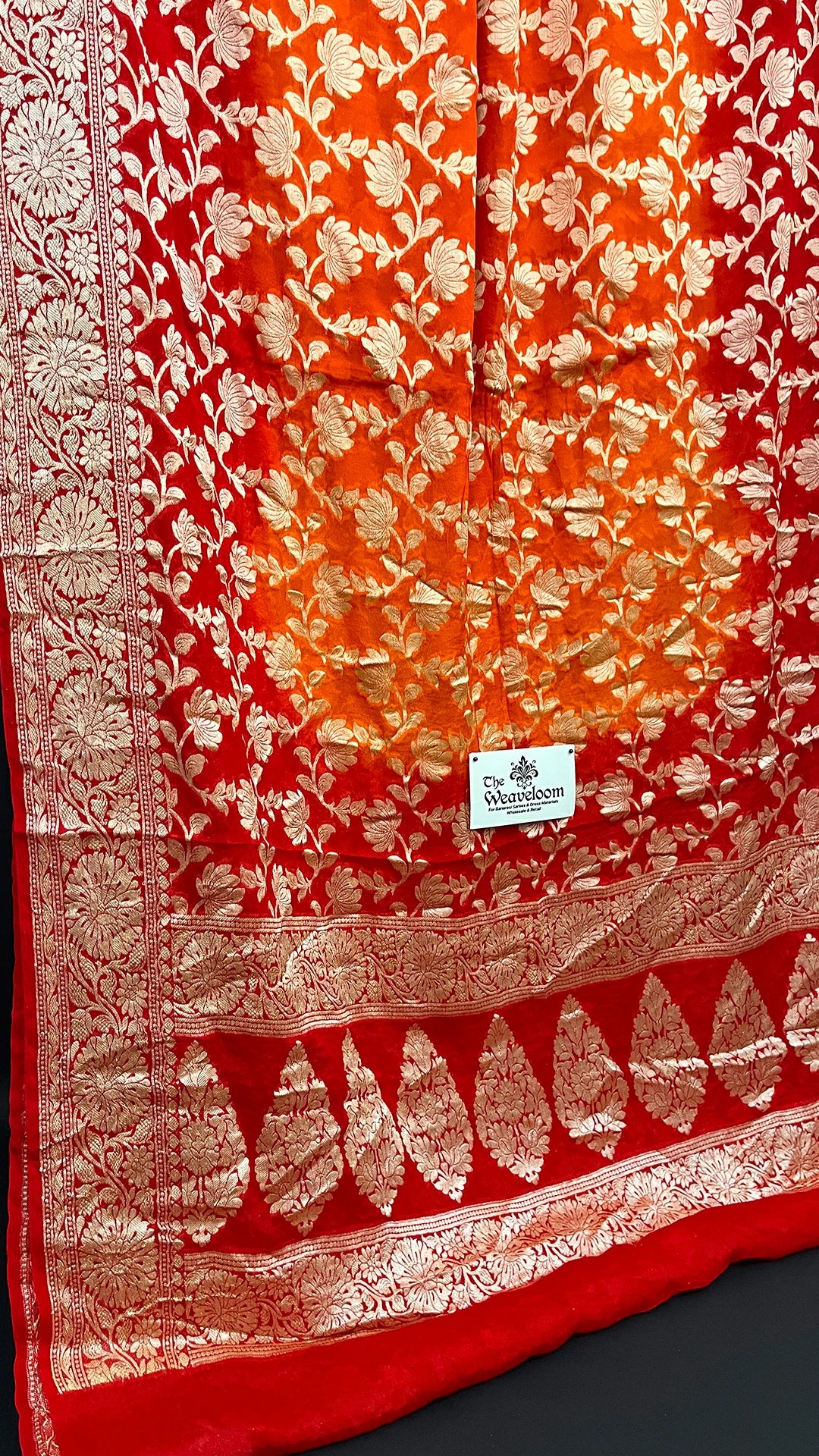 Orange & Red Dual Tone Floral Zari Work Crepe Georgette Pure Banarasi Saree by The Weaveloom