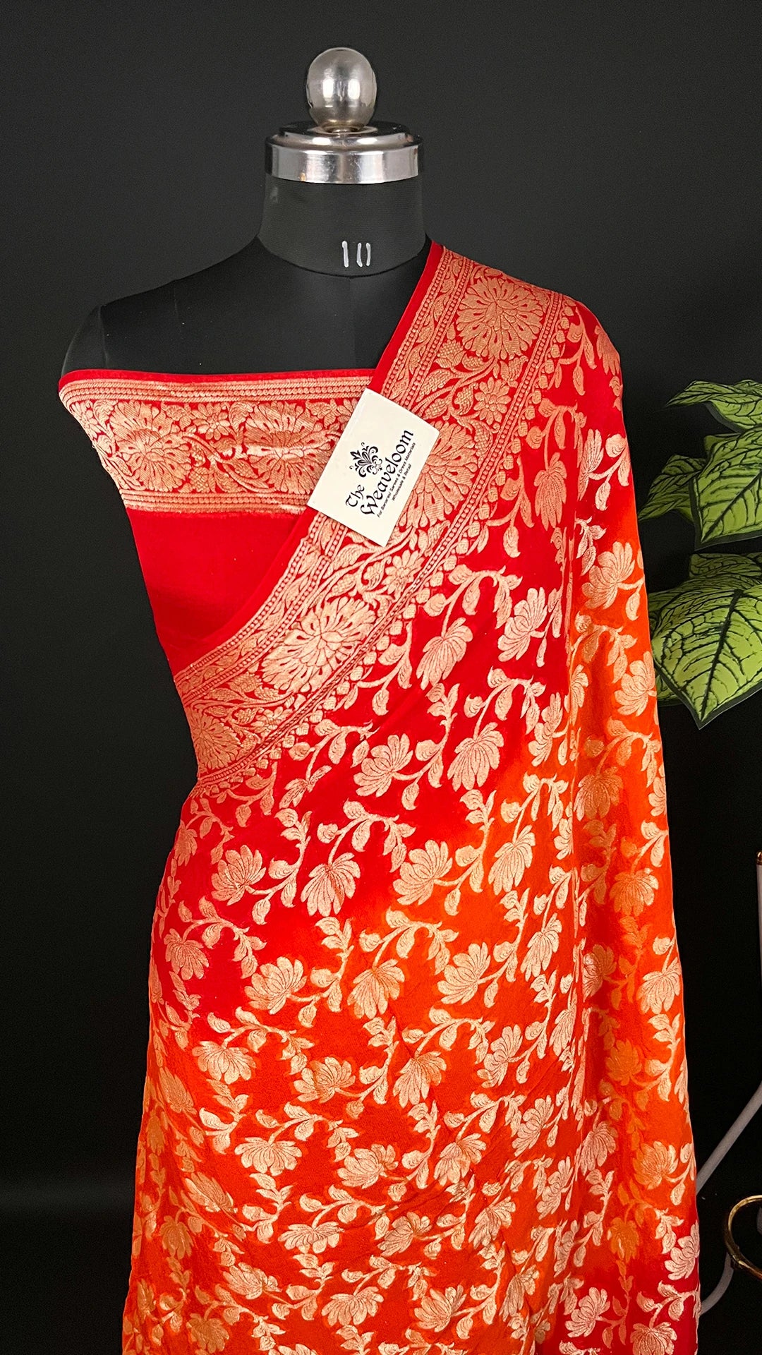 Orange & Red Dual Tone Floral Zari Work Crepe Georgette Pure Banarasi Saree by The Weaveloom