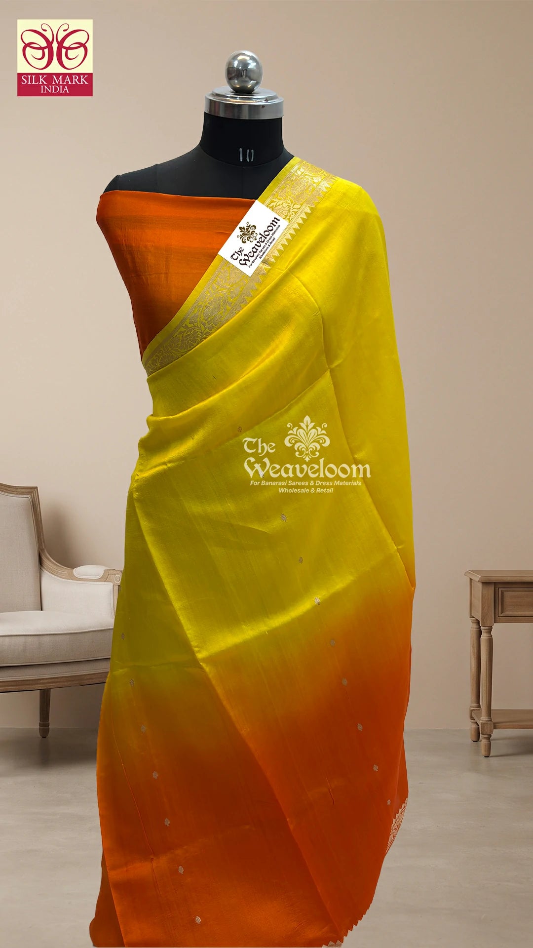Orange & yellow dual-tone booti motif handloom Banarasi saree by The Weaveloom