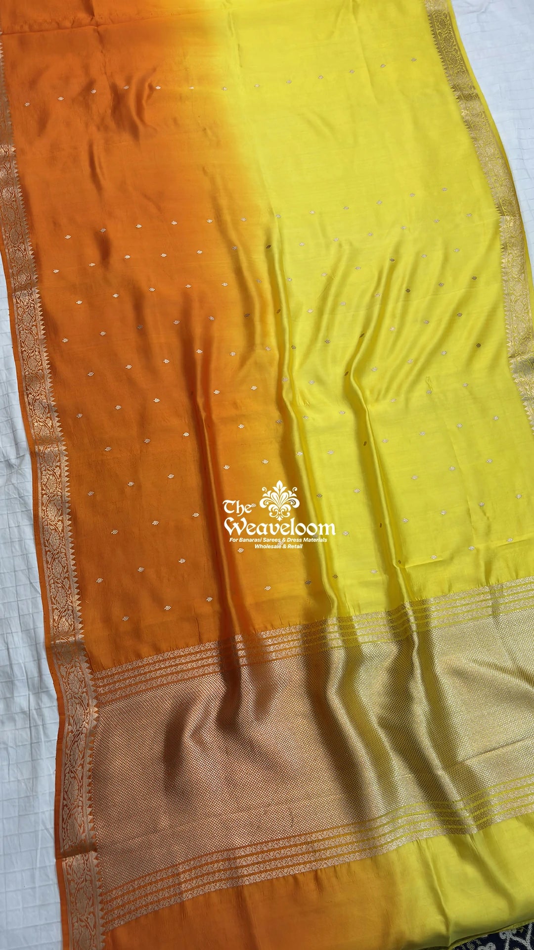 Orange & yellow dual-tone booti motif handloom Banarasi saree by The Weaveloom