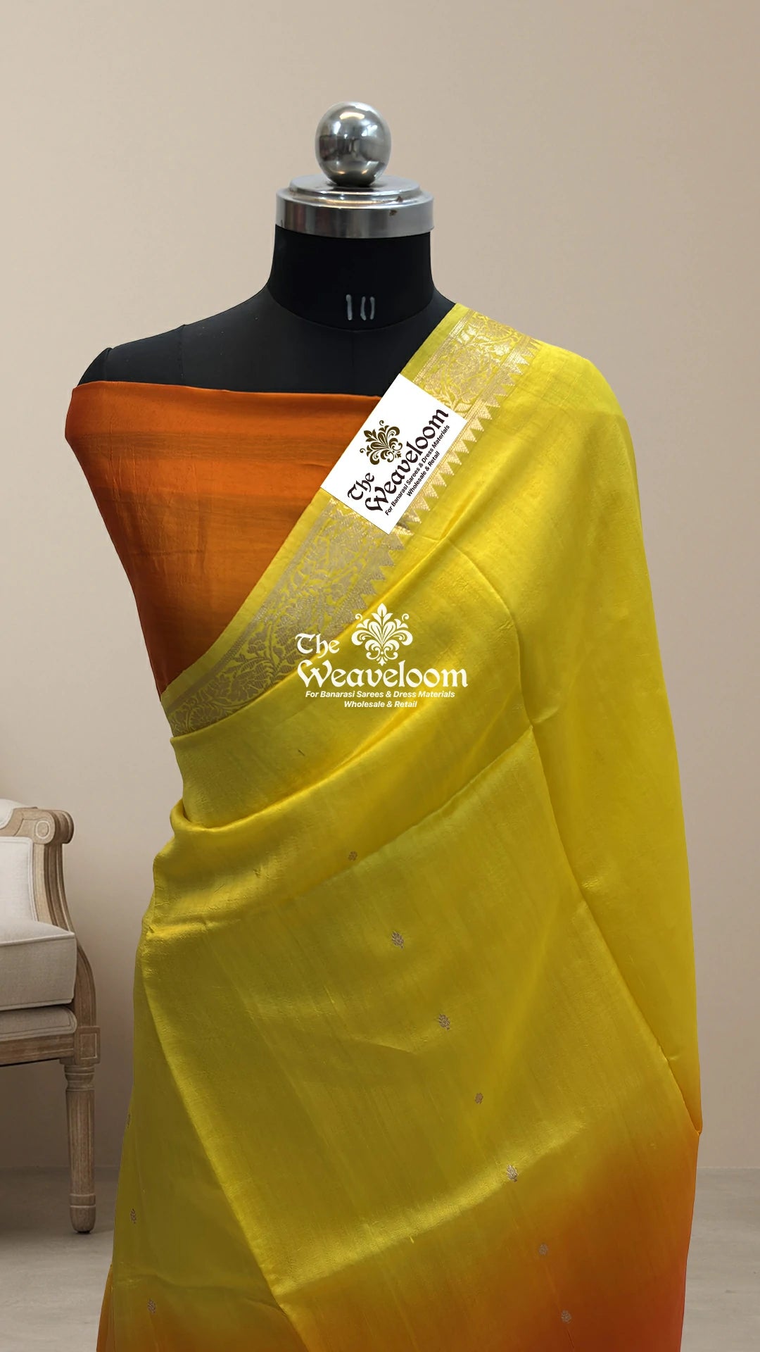 Orange & yellow dual-tone booti motif handloom Banarasi saree by The Weaveloom