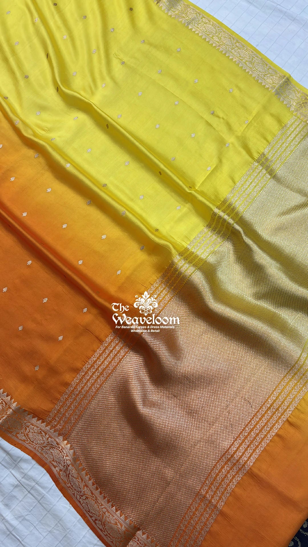 Orange & yellow dual-tone booti motif handloom Banarasi saree by The Weaveloom