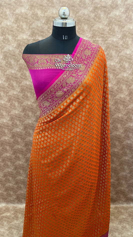 Orange Khaddi Georgette Banarasi Saree with Antique Zari by The Weaveloom