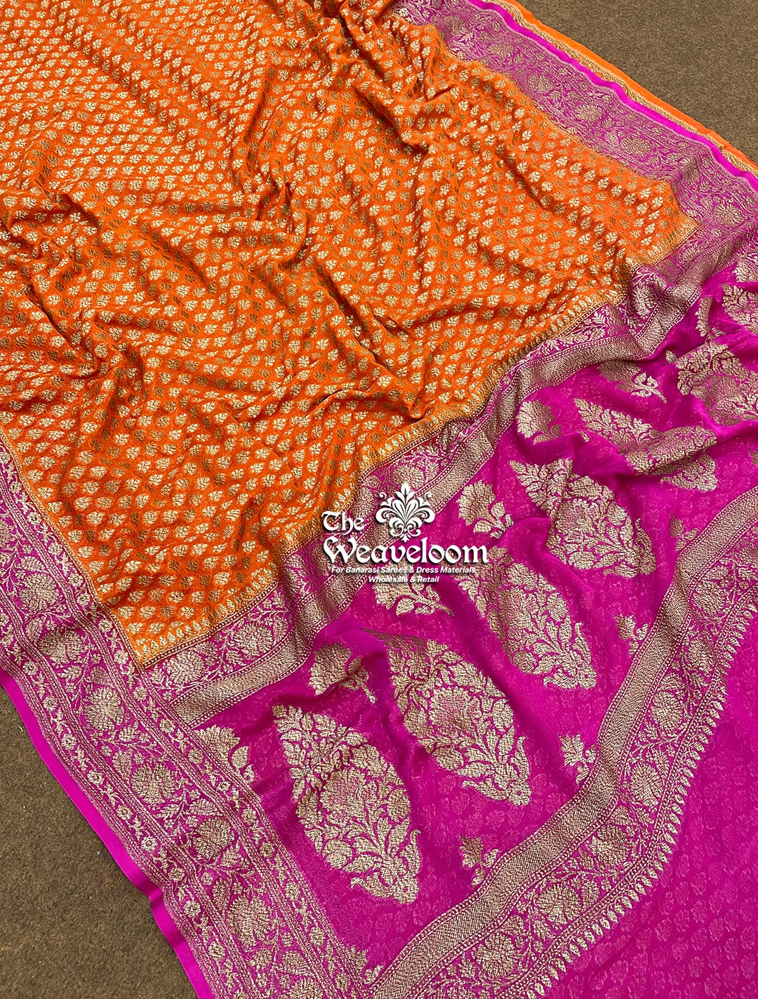 Orange Khaddi Georgette Banarasi Saree with Antique Zari by The Weaveloom