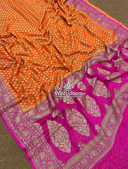 Orange Khaddi Georgette Banarasi Saree with Antique Zari by The Weaveloom