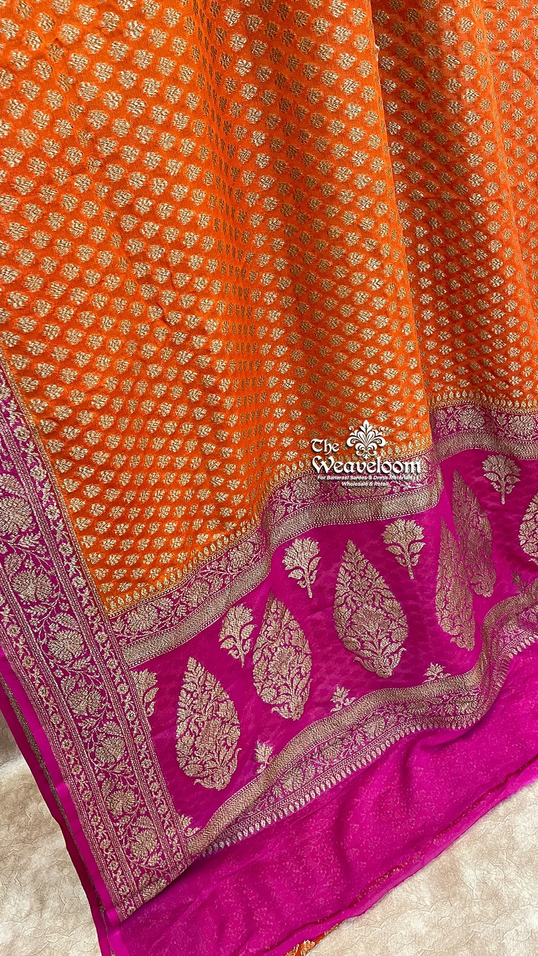 Orange Khaddi Georgette Banarasi Saree with Antique Zari by The Weaveloom