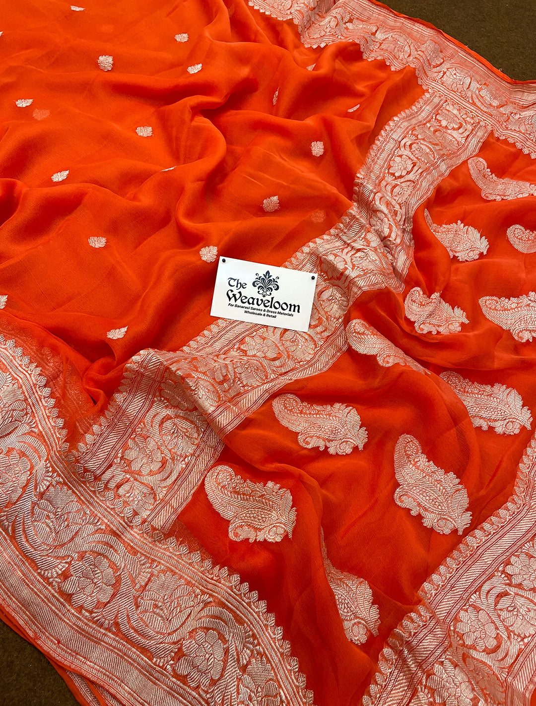 Orange Pure Khaddi Georgette Kadwa Handloom Banarasi Saree by The Weaveloom