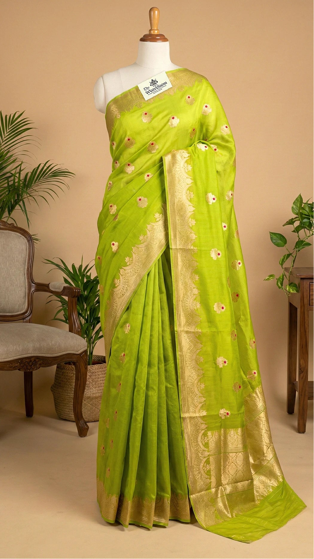 Parrot Green Kora Silk Pure Handloom Banarasi Saree with Meenakari Floral Buta and Gold Zari Border by The Weaveloom
