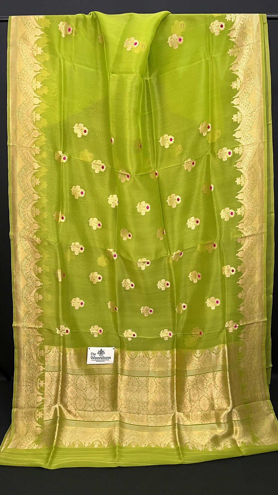 Parrot Green Kora Silk Pure Handloom Banarasi Saree with Meenakari Floral Buta and Gold Zari Border by The Weaveloom