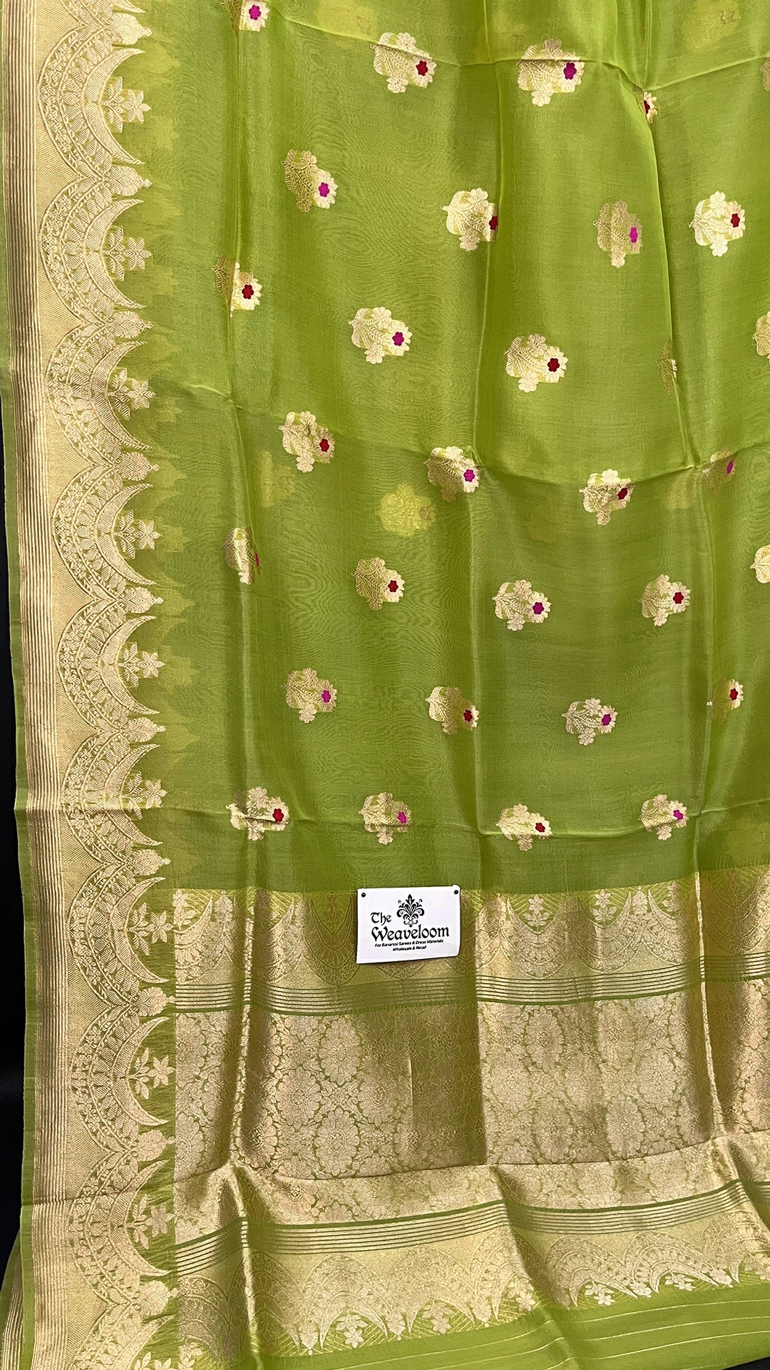 Parrot Green Kora Silk Pure Handloom Banarasi Saree with Meenakari Floral Buta and Gold Zari Border by The Weaveloom