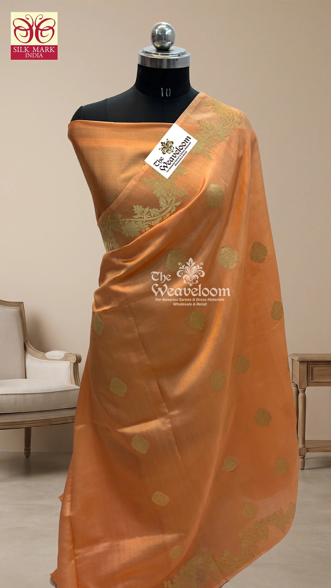 Peach booti motif pure mango silk Kadwa weave Banarasi saree by The Weaveloom