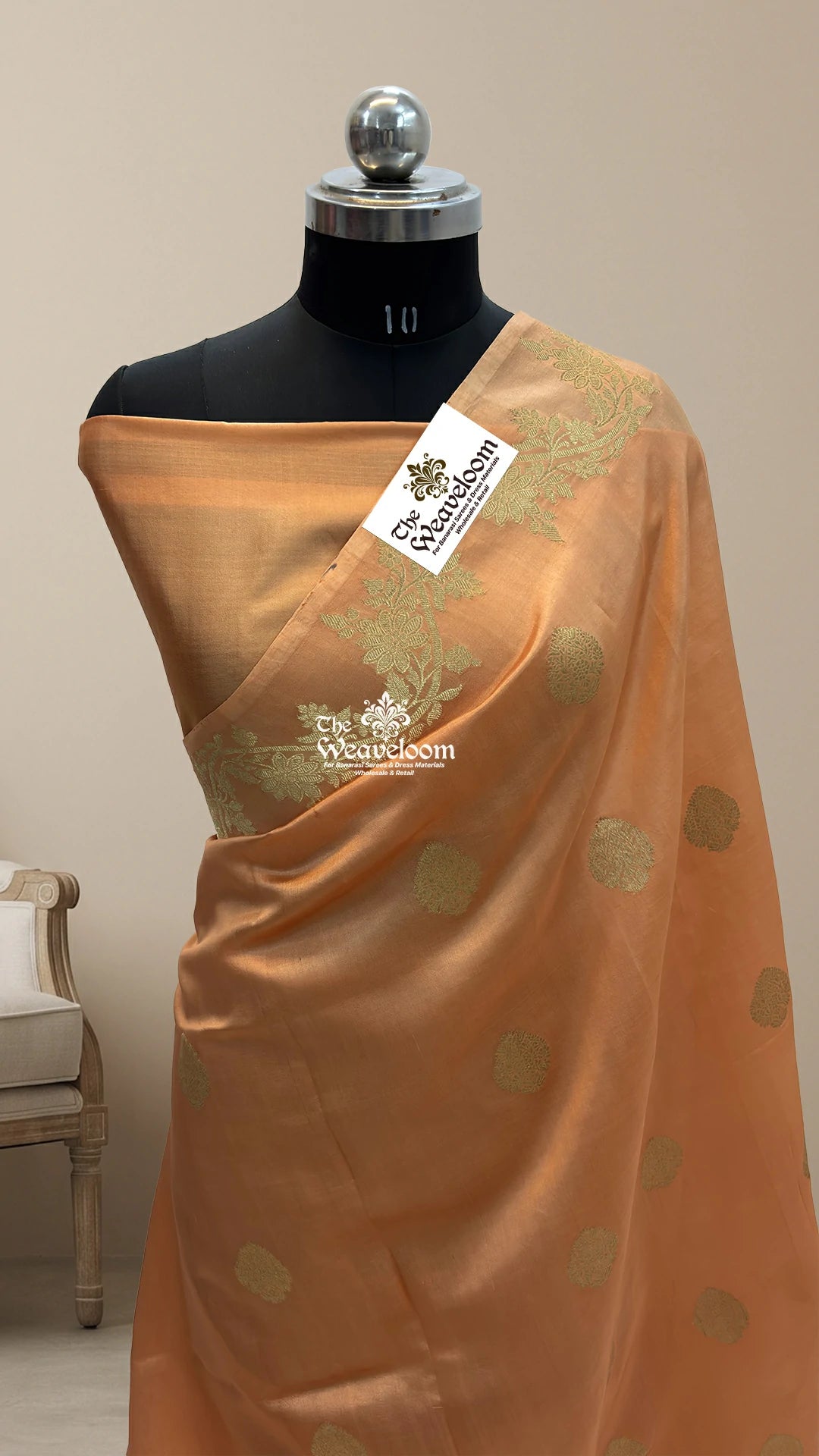 Peach booti motif pure mango silk Kadwa weave Banarasi saree by The Weaveloom