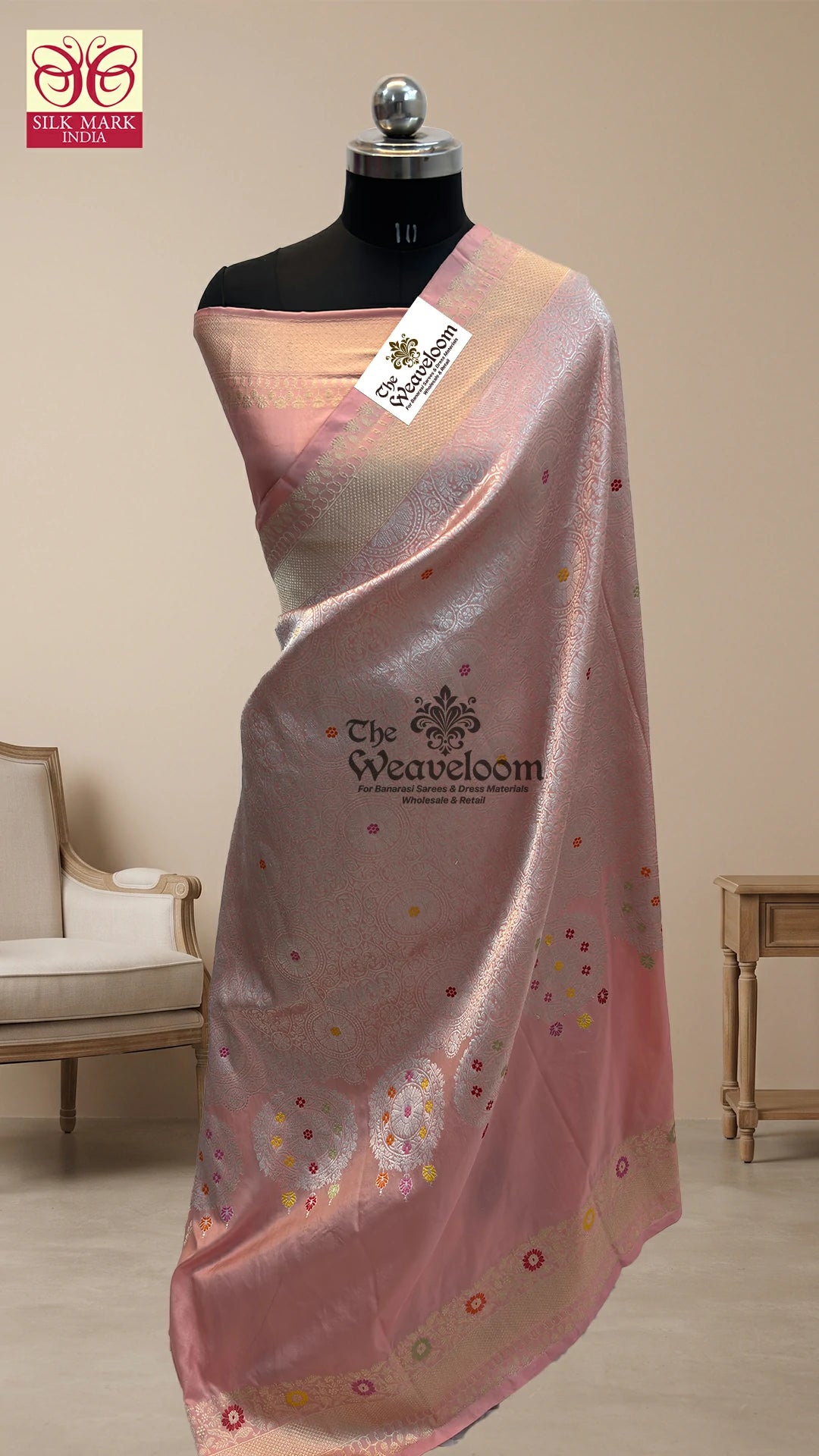 Peach chakra jaal meenakari handloom katan silk pure Banarasi saree by The Weaveloom