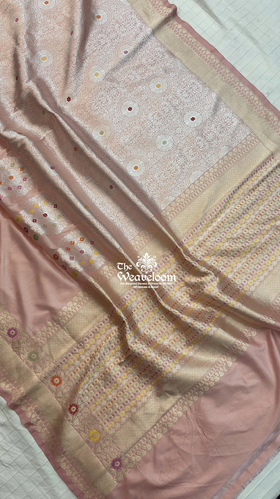 Peach chakra jaal meenakari handloom katan silk pure Banarasi saree by The Weaveloom