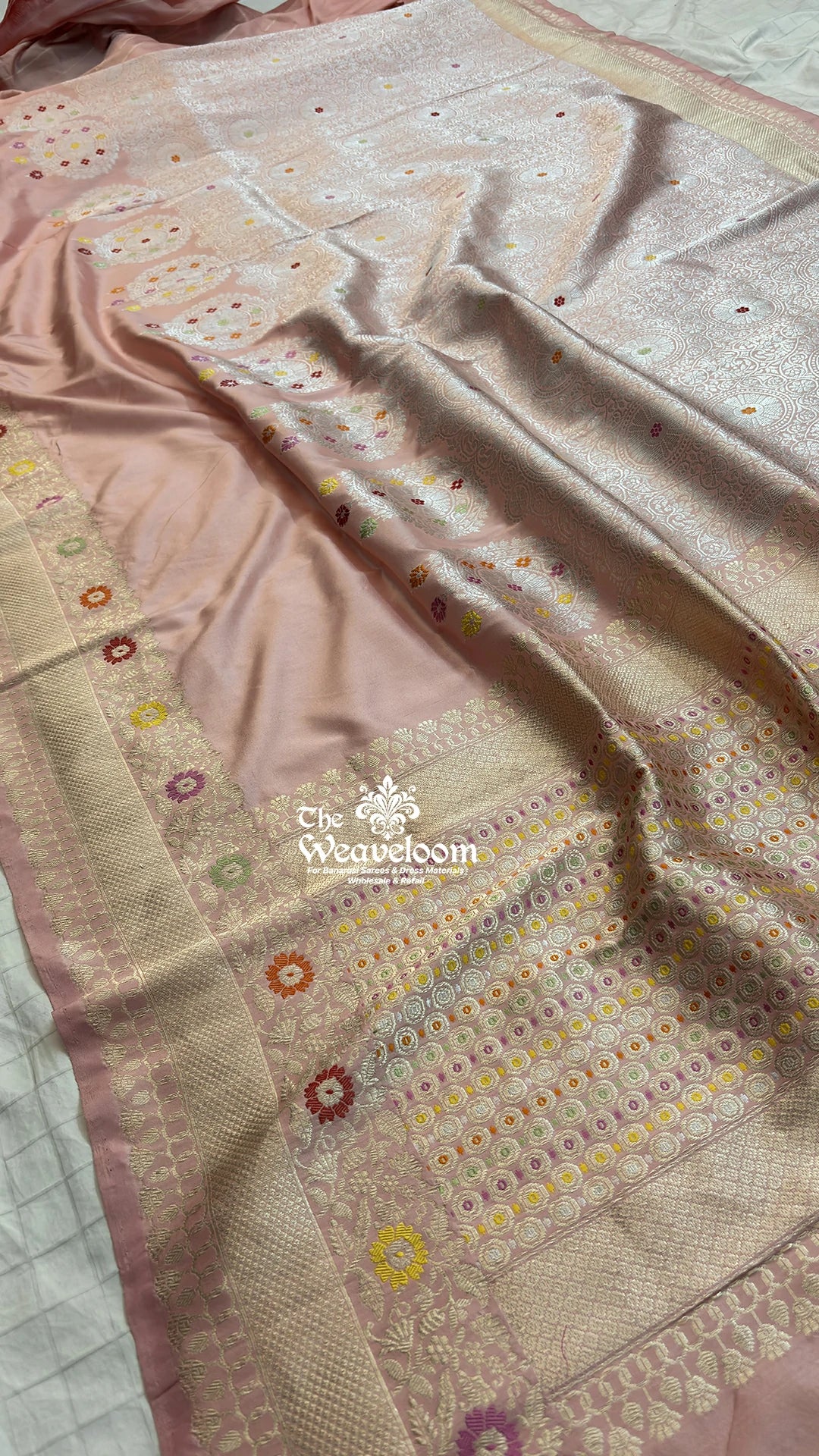 Peach chakra jaal meenakari handloom katan silk pure Banarasi saree by The Weaveloom