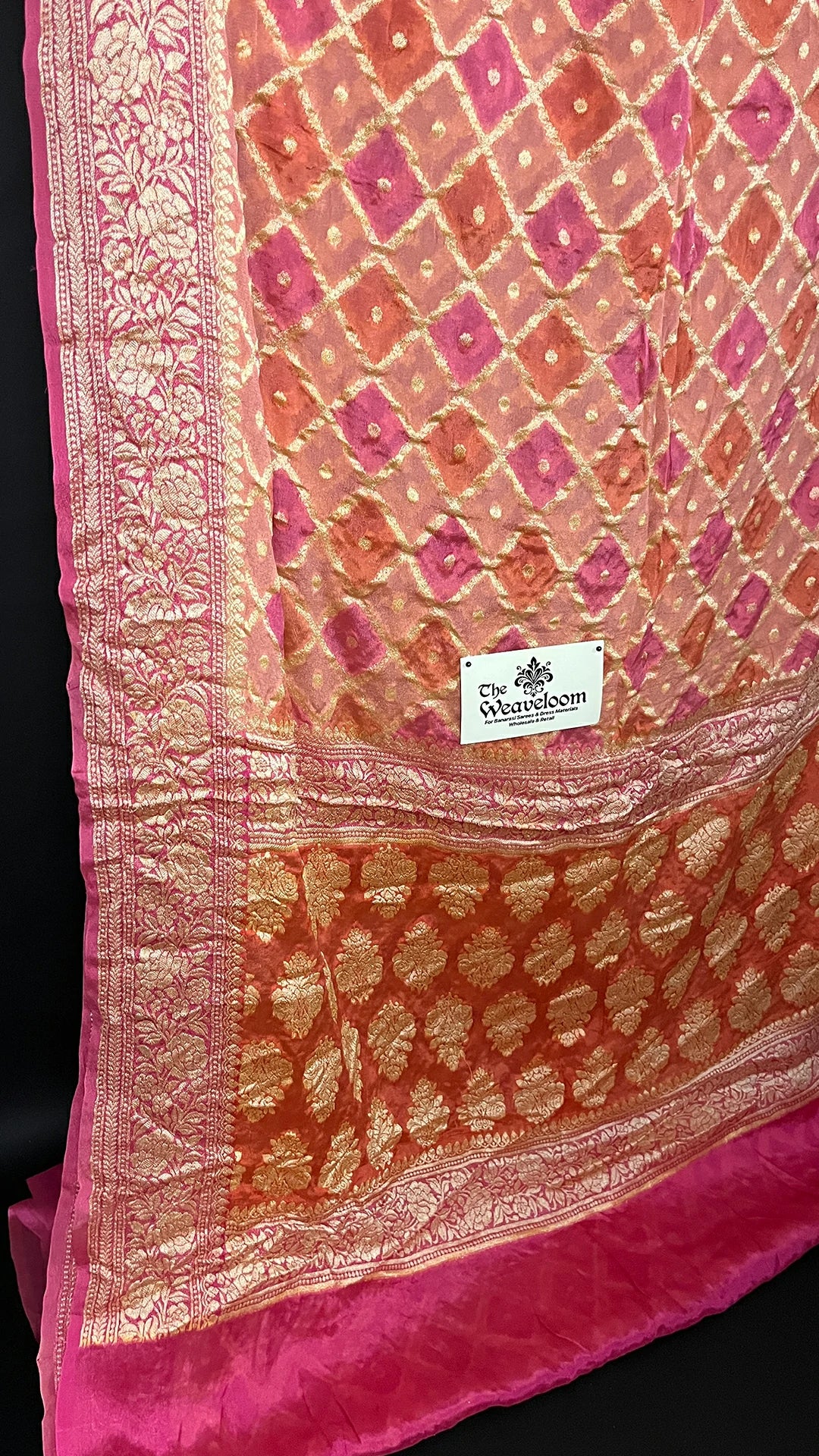 Peach Crepe Georgette Pure Banarasi Saree Rangkat Multicolor - The Weaveloom