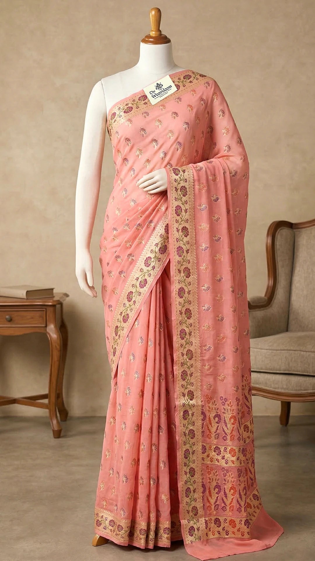 Peach Floral Buti Crepe Georgette Meenakari Work Pure Banarasi Saree With Golden Zari Border by The Weaveloom