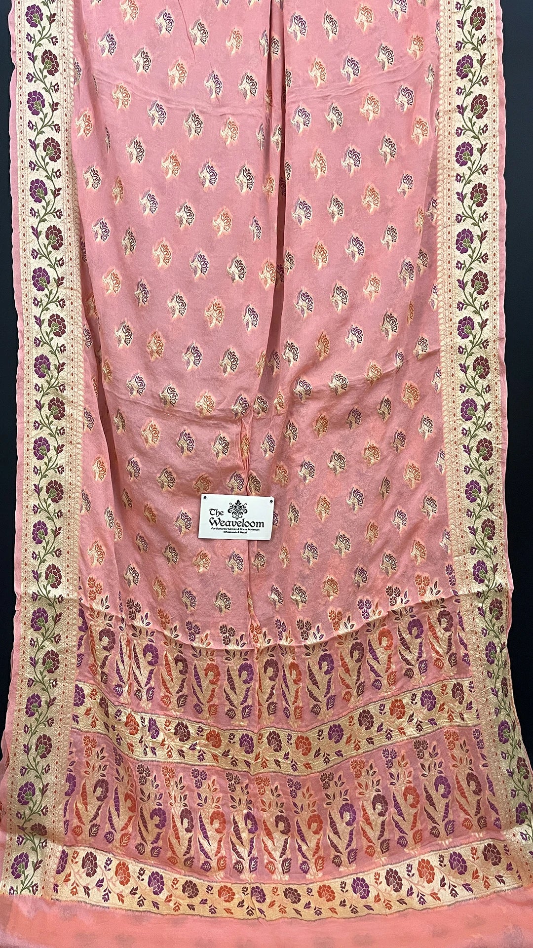 Peach Floral Buti Crepe Georgette Meenakari Work Pure Banarasi Saree With Golden Zari Border by The Weaveloom