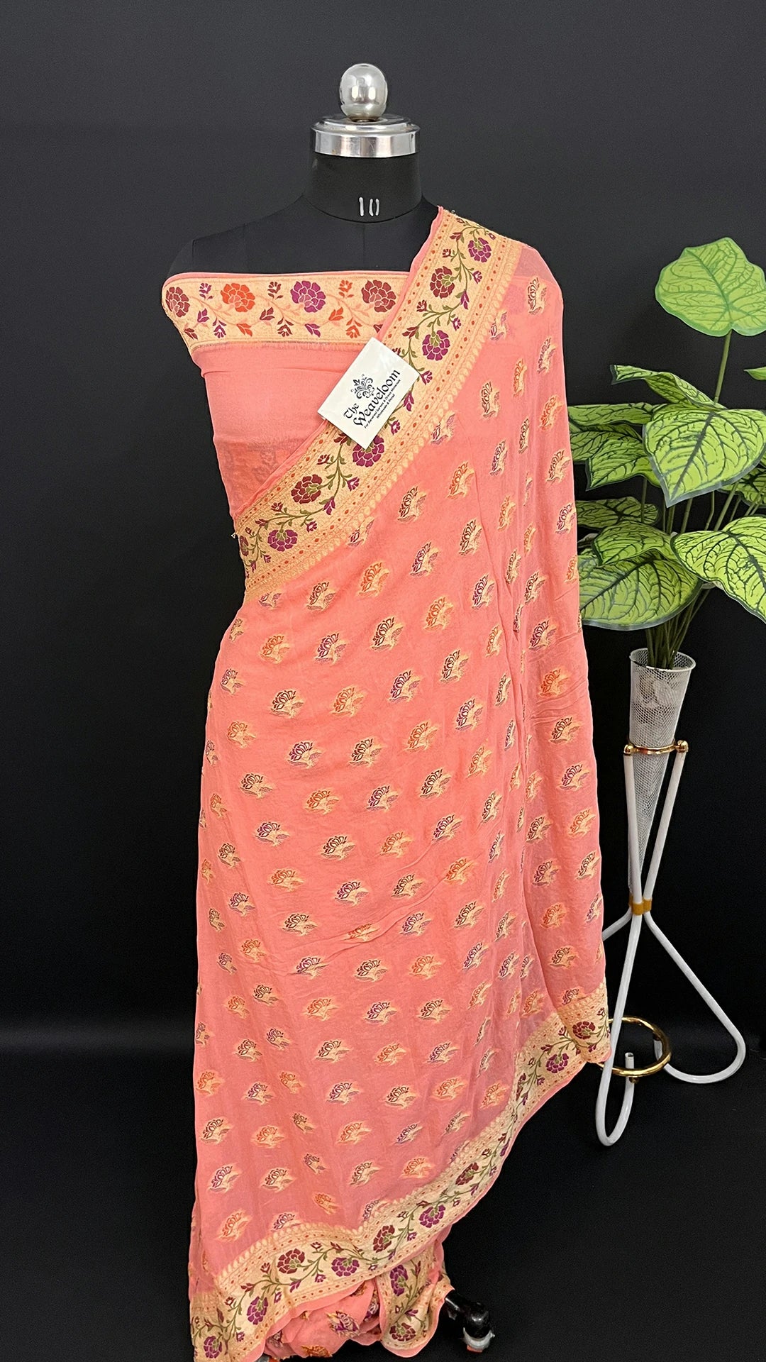 Peach Floral Buti Crepe Georgette Meenakari Work Pure Banarasi Saree With Golden Zari Border by The Weaveloom