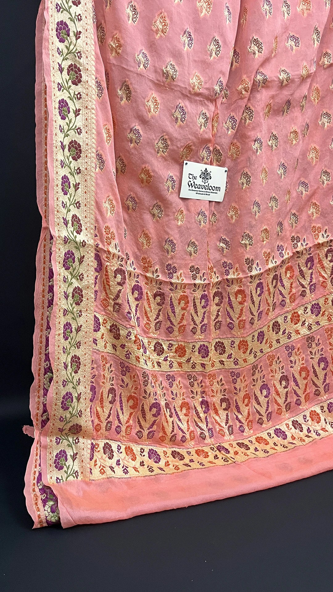 Peach Floral Buti Crepe Georgette Meenakari Work Pure Banarasi Saree With Golden Zari Border by The Weaveloom