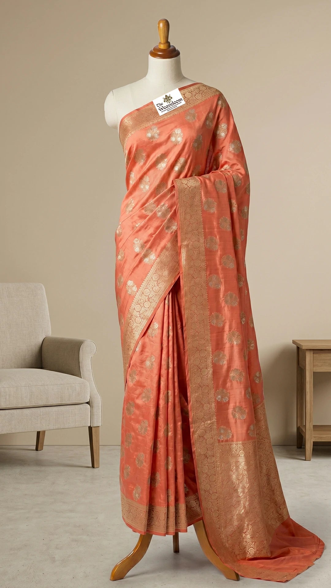 Peach Pure Dupion Silk Banarasi Saree with Floral Buti and Gold Zari Jaal Border by The Weaveloom