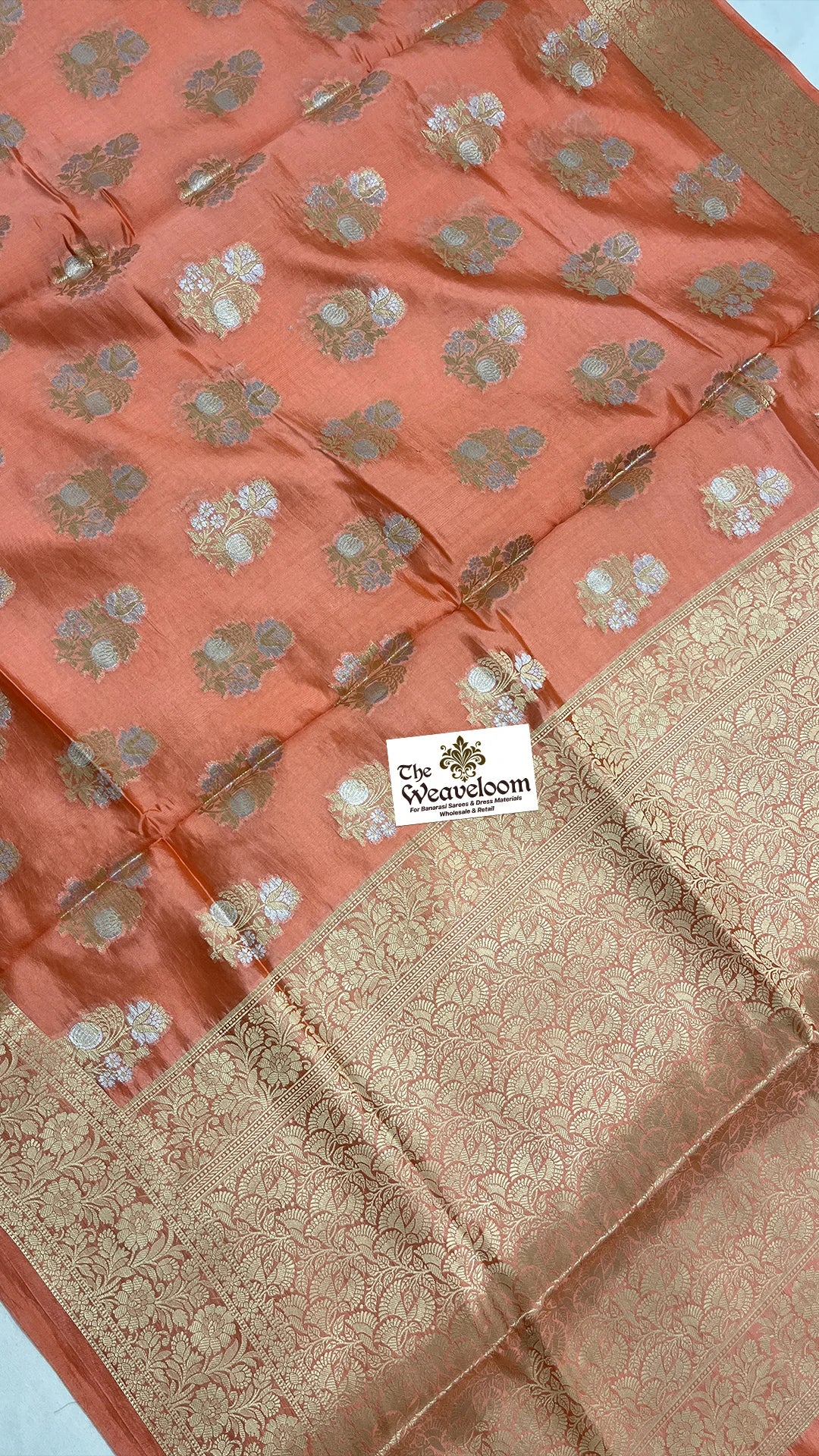 Peach Pure Dupion Silk Banarasi Saree with Floral Buti and Gold Zari Jaal Border by The Weaveloom