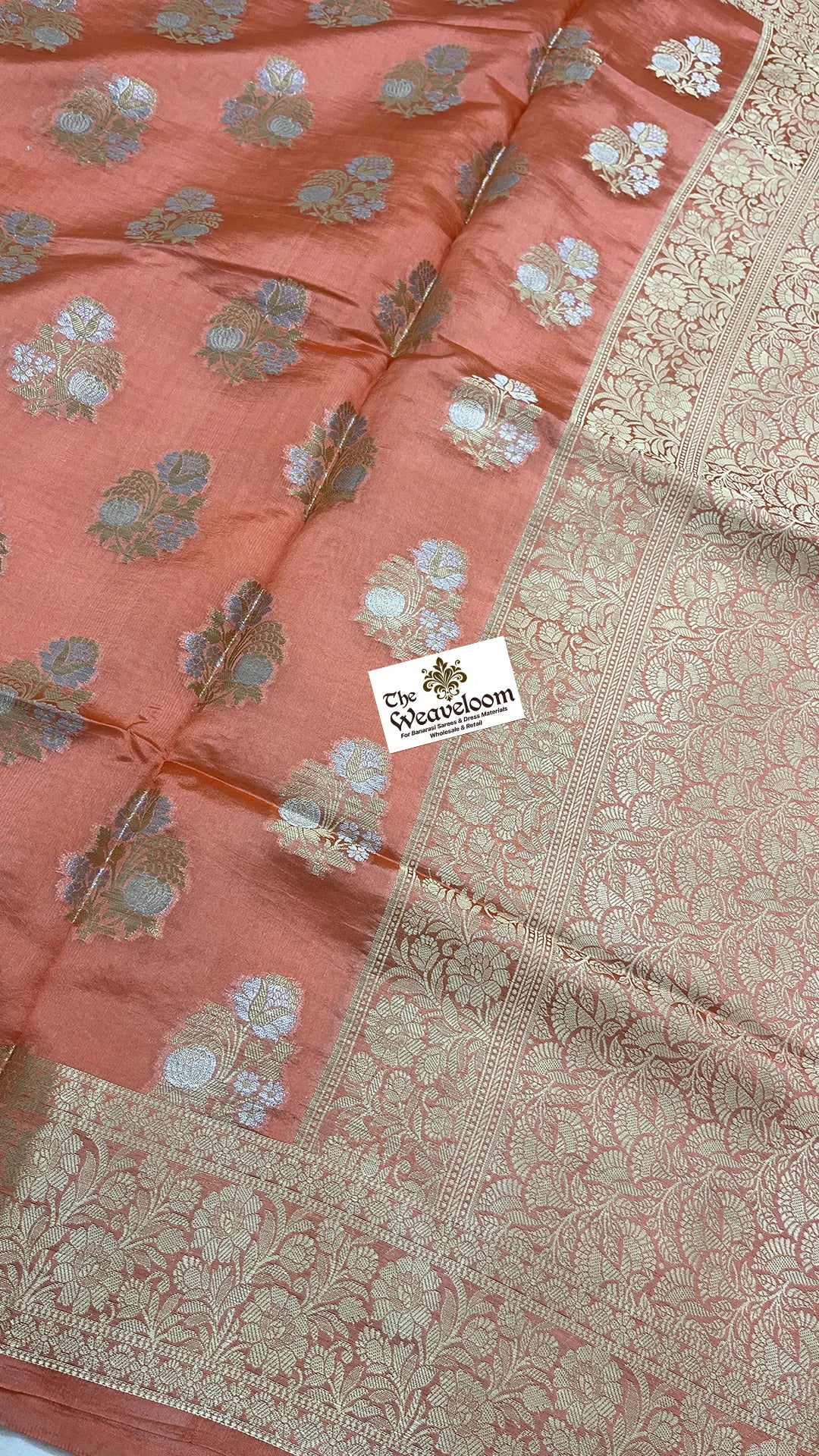 Peach Pure Dupion Silk Banarasi Saree with Floral Buti and Gold Zari Jaal Border by The Weaveloom