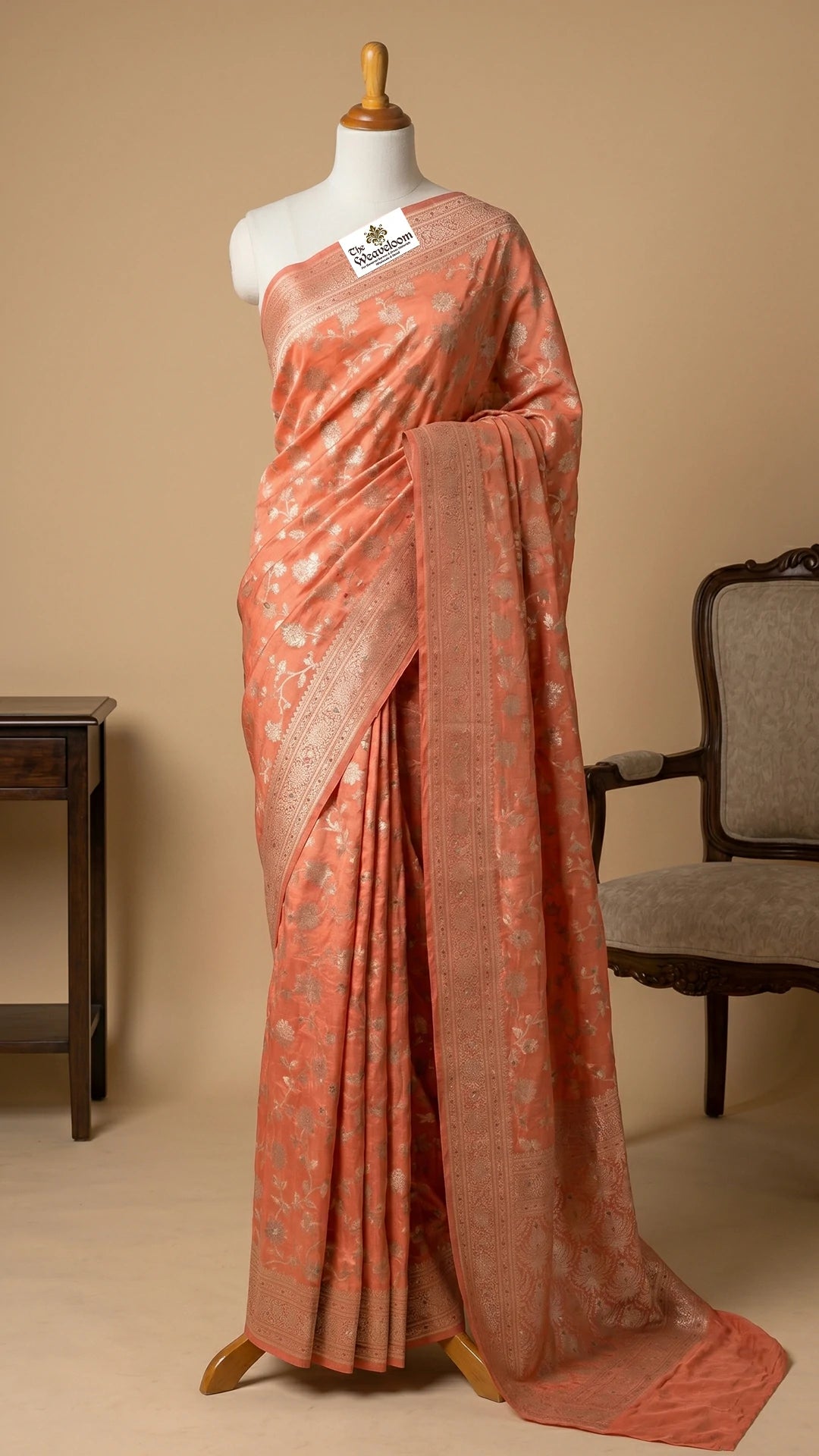 Peach floral jaal pure dupion silk Banarasi saree with meenakari pallu by The Weaveloom
