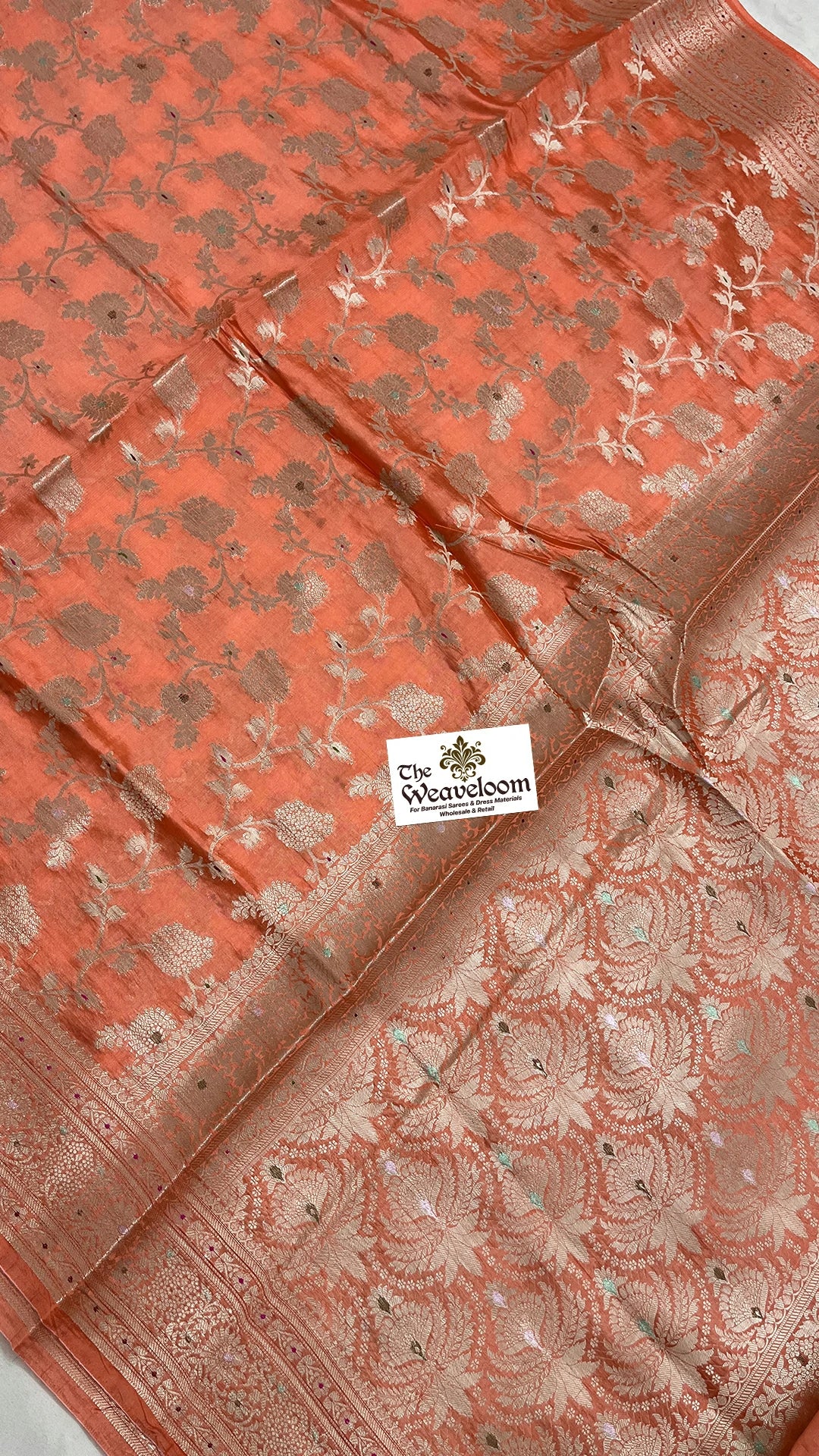 Peach floral jaal pure dupion silk Banarasi saree with meenakari pallu by The Weaveloom