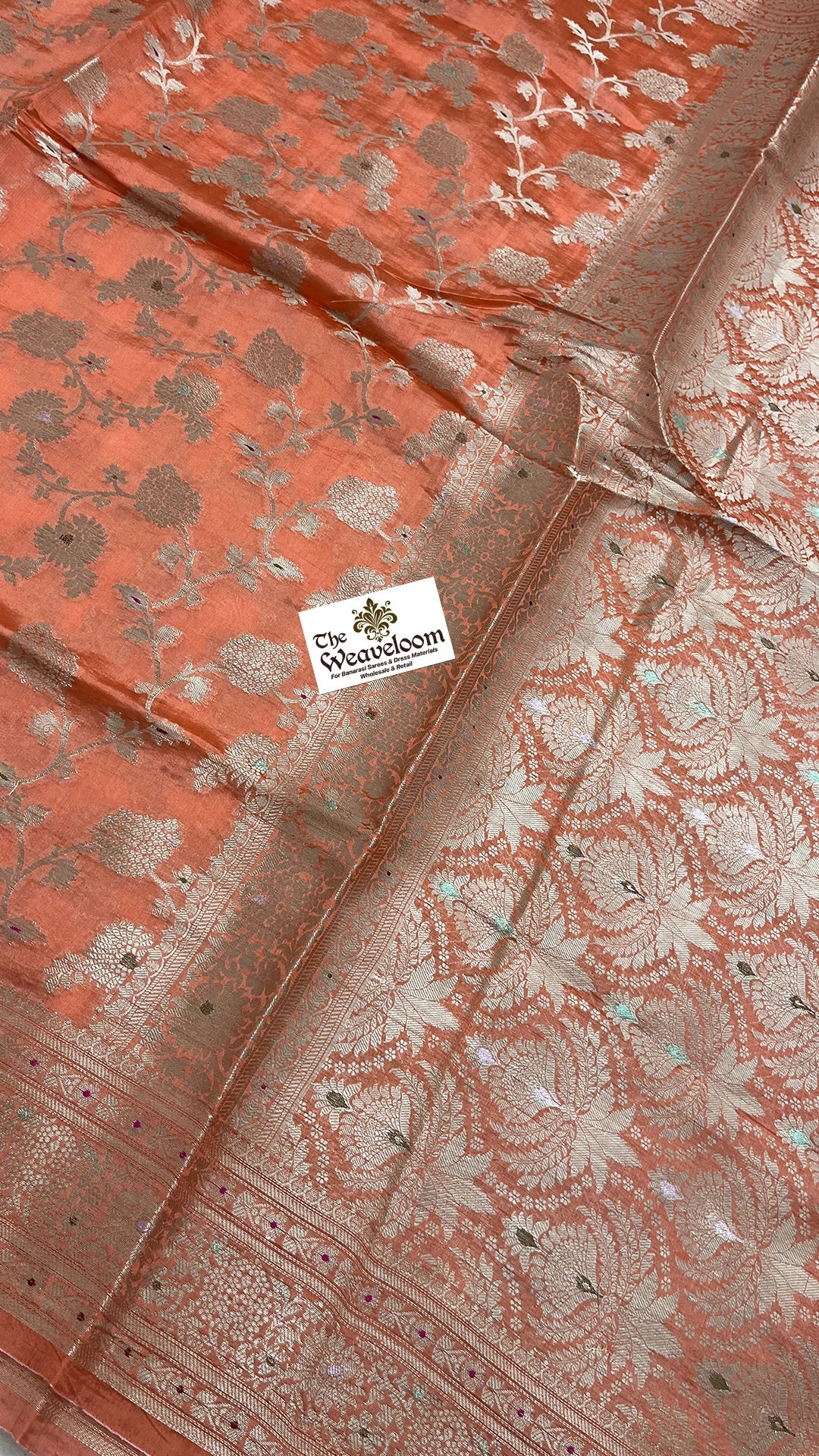 Peach floral jaal pure dupion silk Banarasi saree with meenakari pallu by The Weaveloom