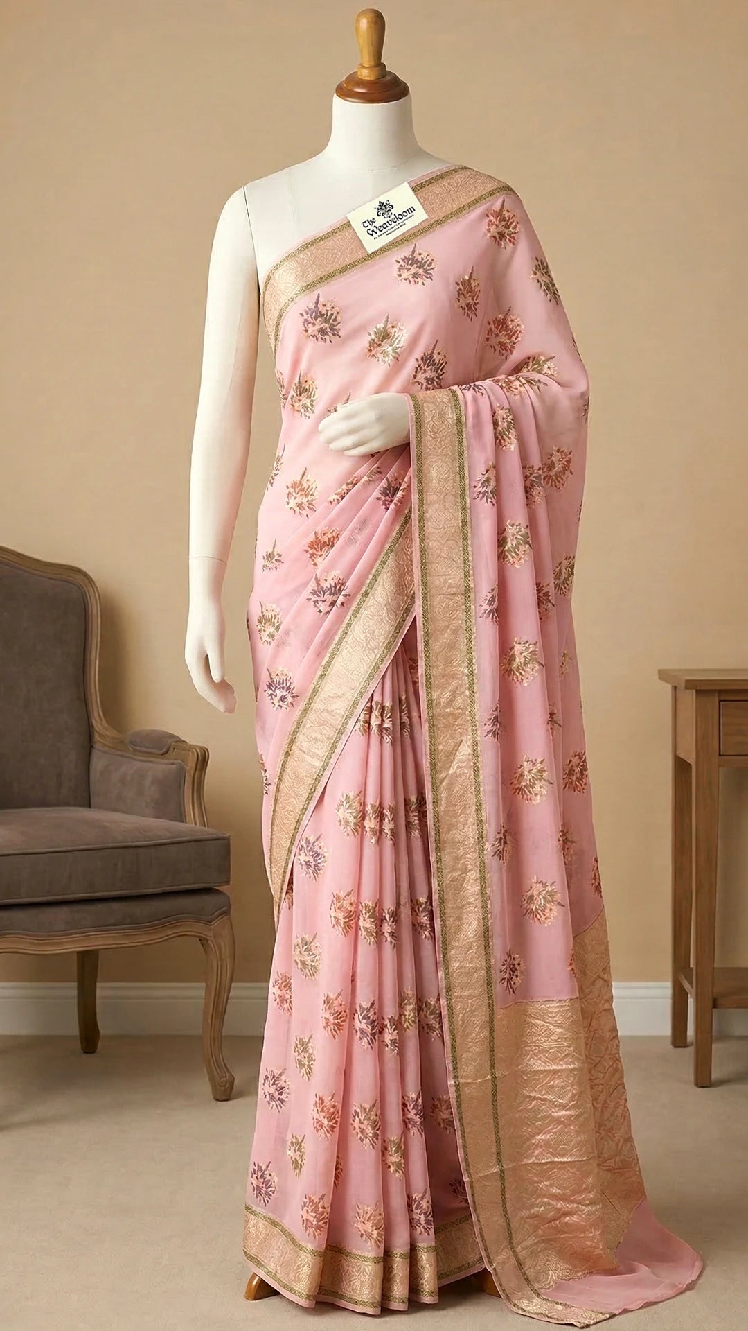 Peach Floral Meenakari Crepe Georgette Pure Banarasi Saree with Golden Zari Border The Weaveloom