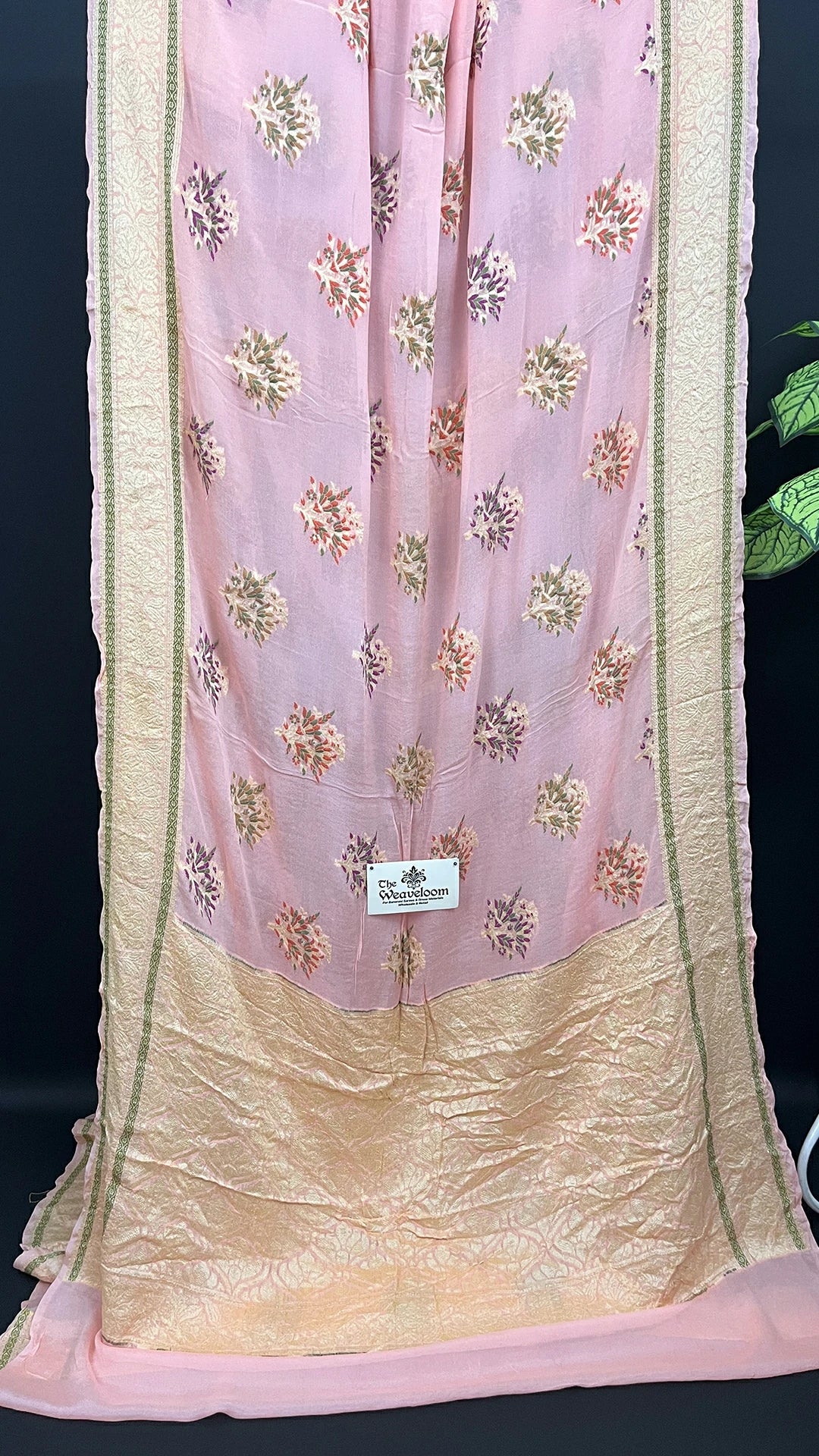 Peach Floral Meenakari Crepe Georgette Pure Banarasi Saree with Golden Zari Border The Weaveloom