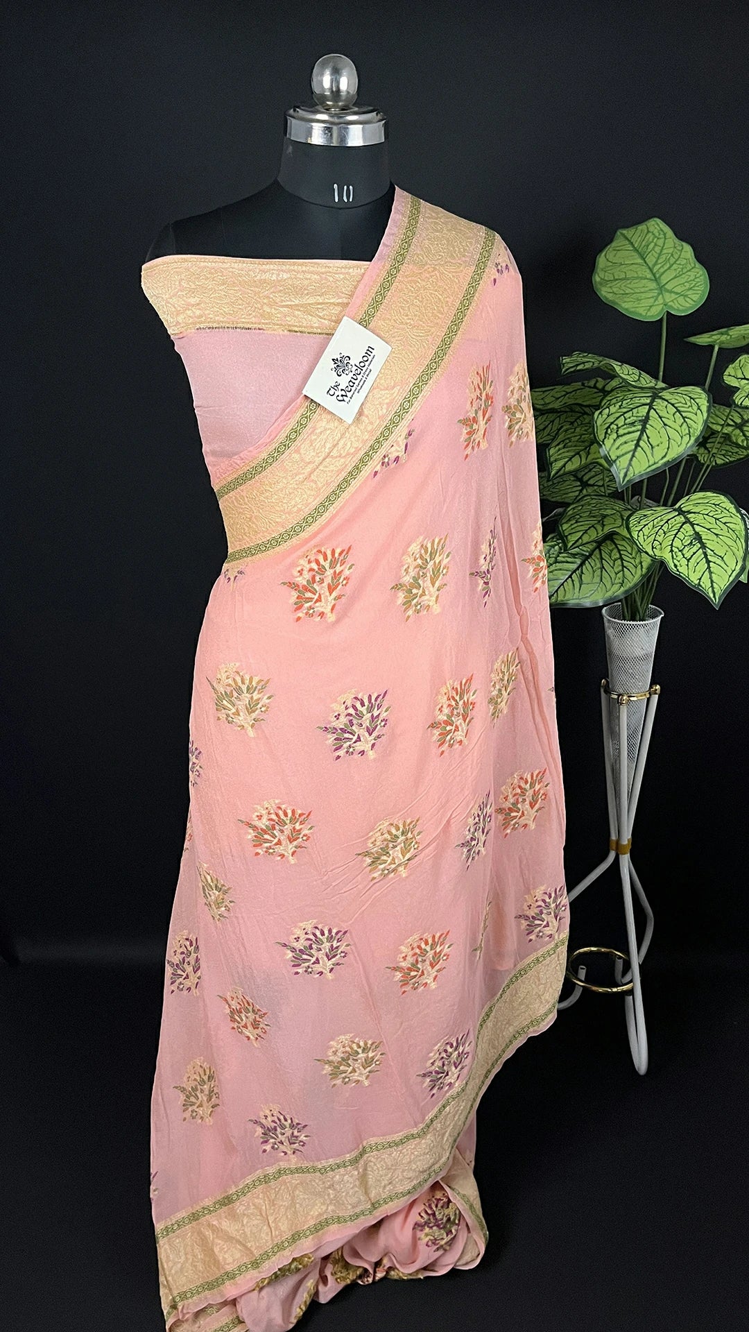Peach Floral Meenakari Crepe Georgette Pure Banarasi Saree with Golden Zari Border The Weaveloom