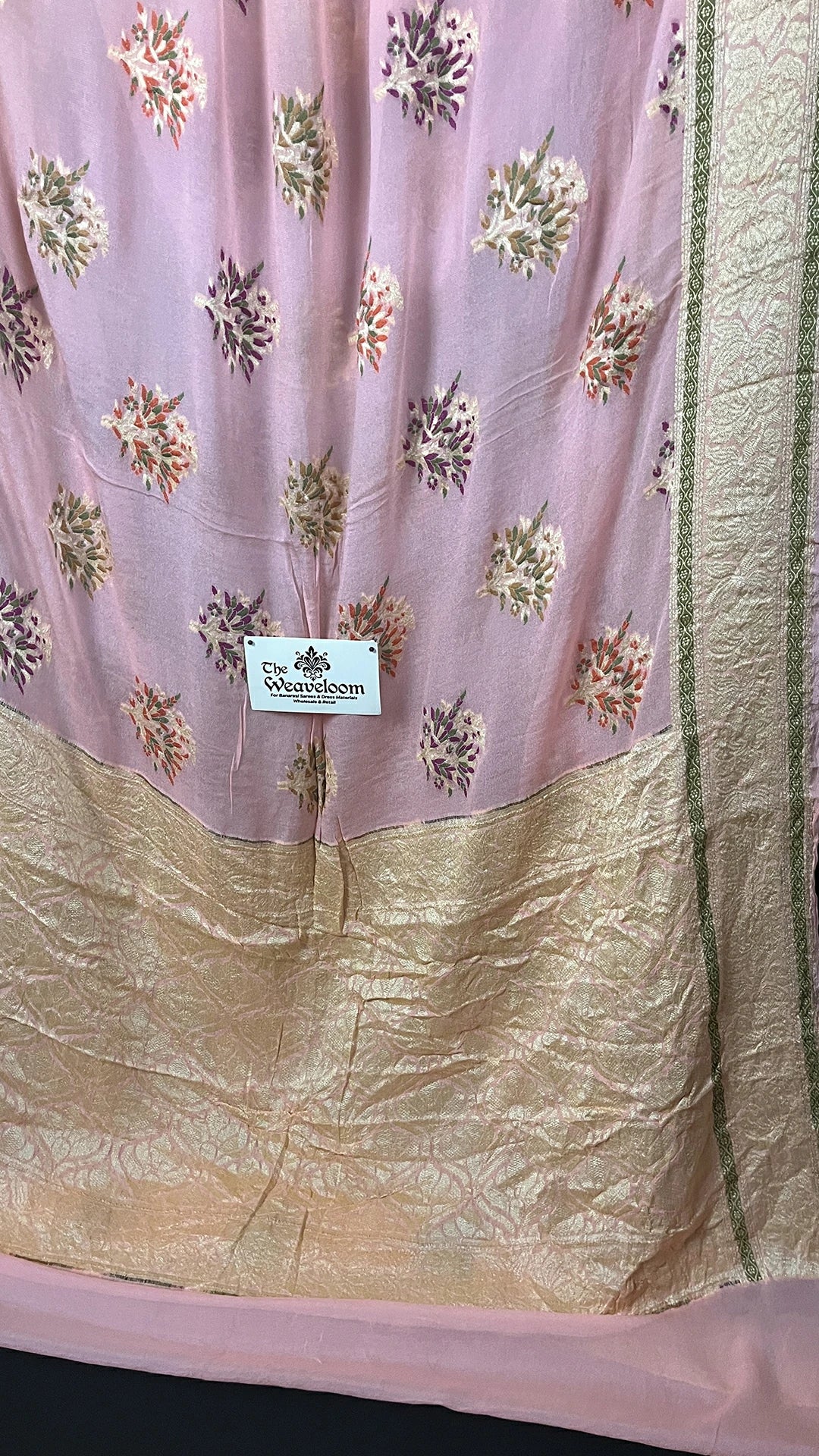 Peach Floral Meenakari Crepe Georgette Pure Banarasi Saree with Golden Zari Border The Weaveloom