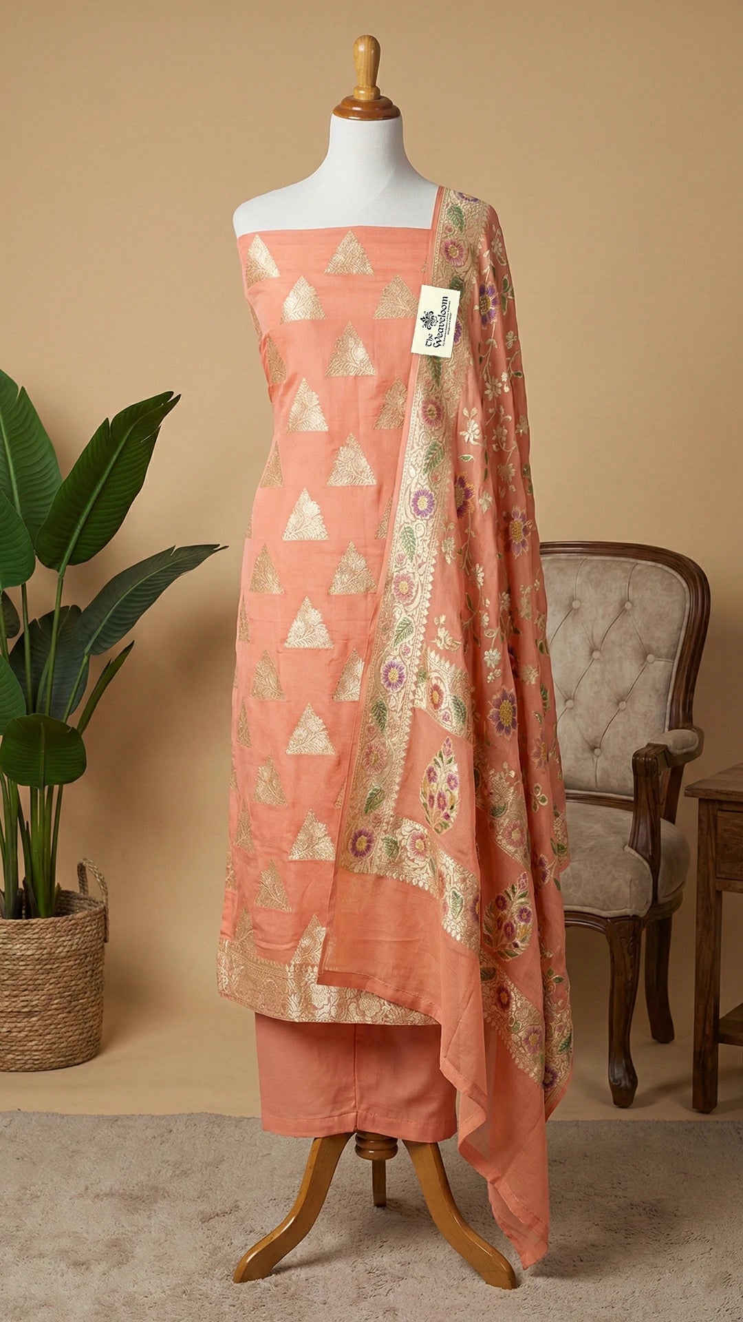 Peach Khaddi Georgette Pure Banarasi Dress Material With Zari Motifs Handbrush Dupatta The Weaveloom