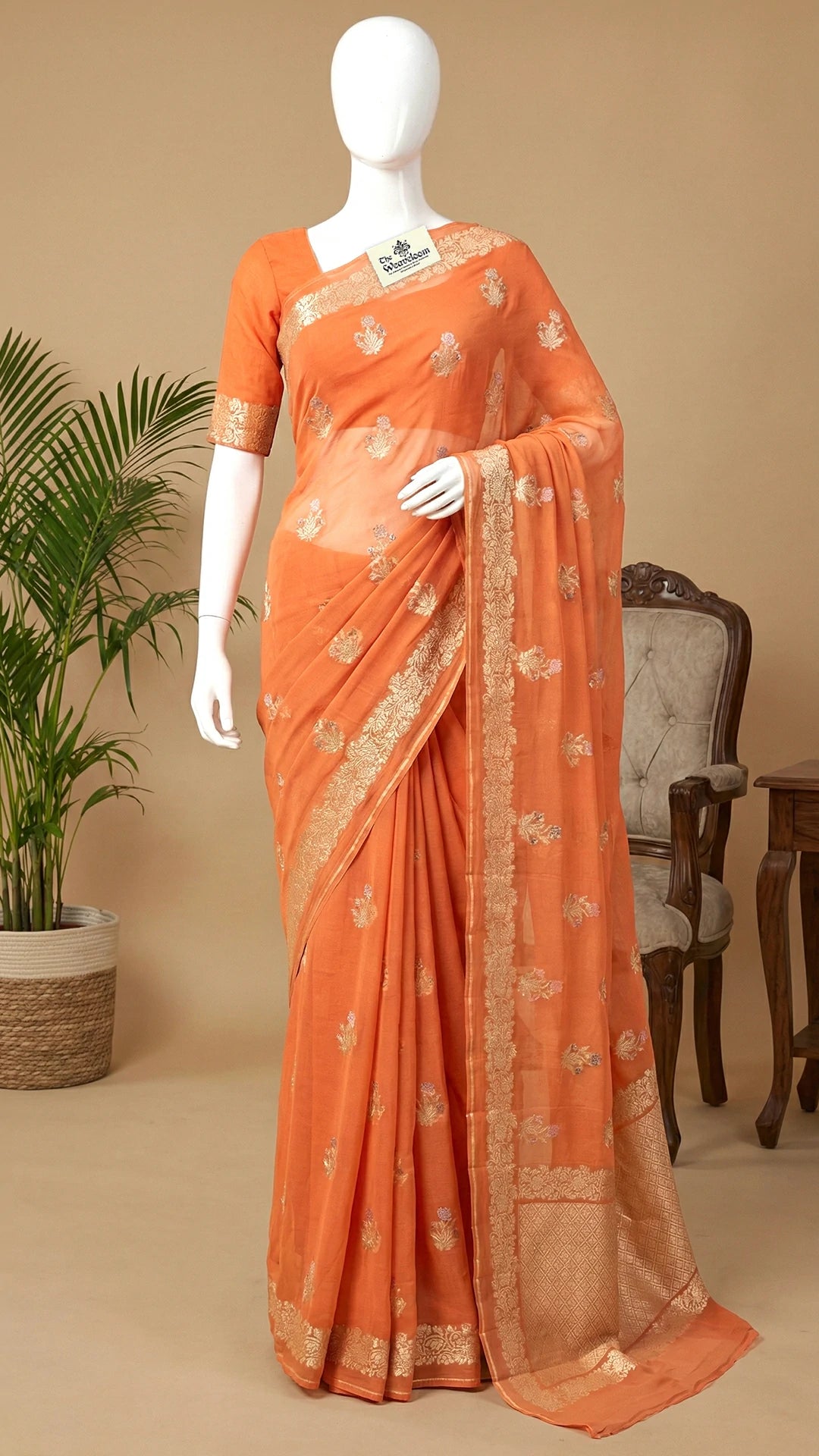 Peach Khaddi Georgette Pure Banarasi Saree with Water Zari Meenakari Floral Motifs by The Weaveloom