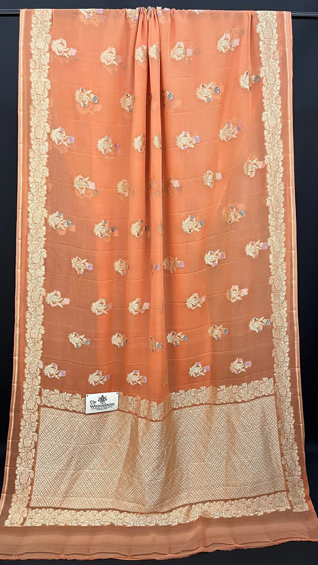 Peach Khaddi Georgette Pure Banarasi Saree with Water Zari Meenakari Floral Motifs by The Weaveloom
