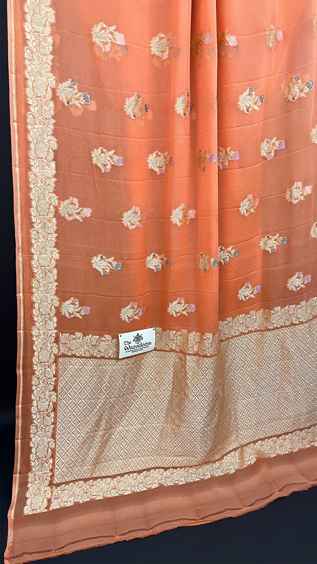 Peach Khaddi Georgette Pure Banarasi Saree with Water Zari Meenakari Floral Motifs by The Weaveloom