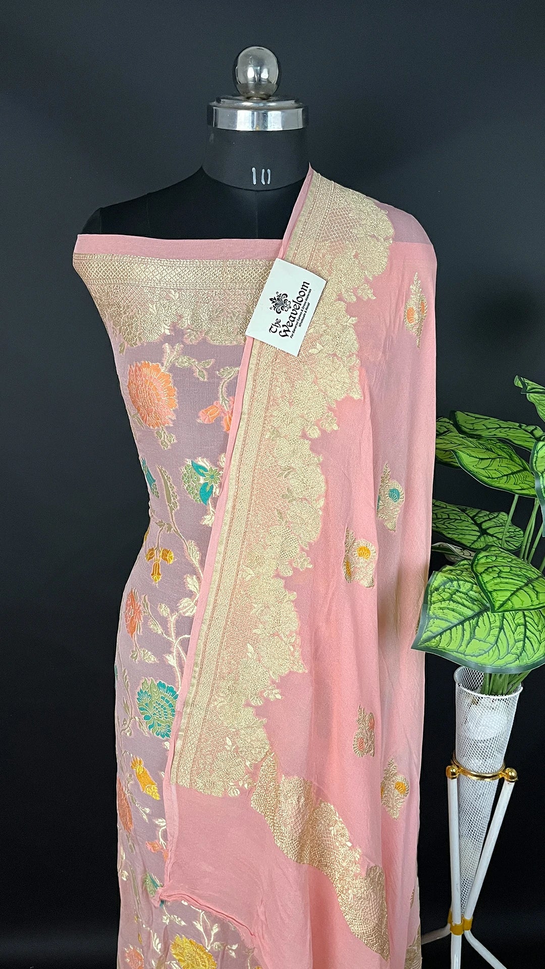 Peach Khaddi Georgette Tilfi Meenakari Pure Banarasi Dress Material by The Weaveloom with Dupatta