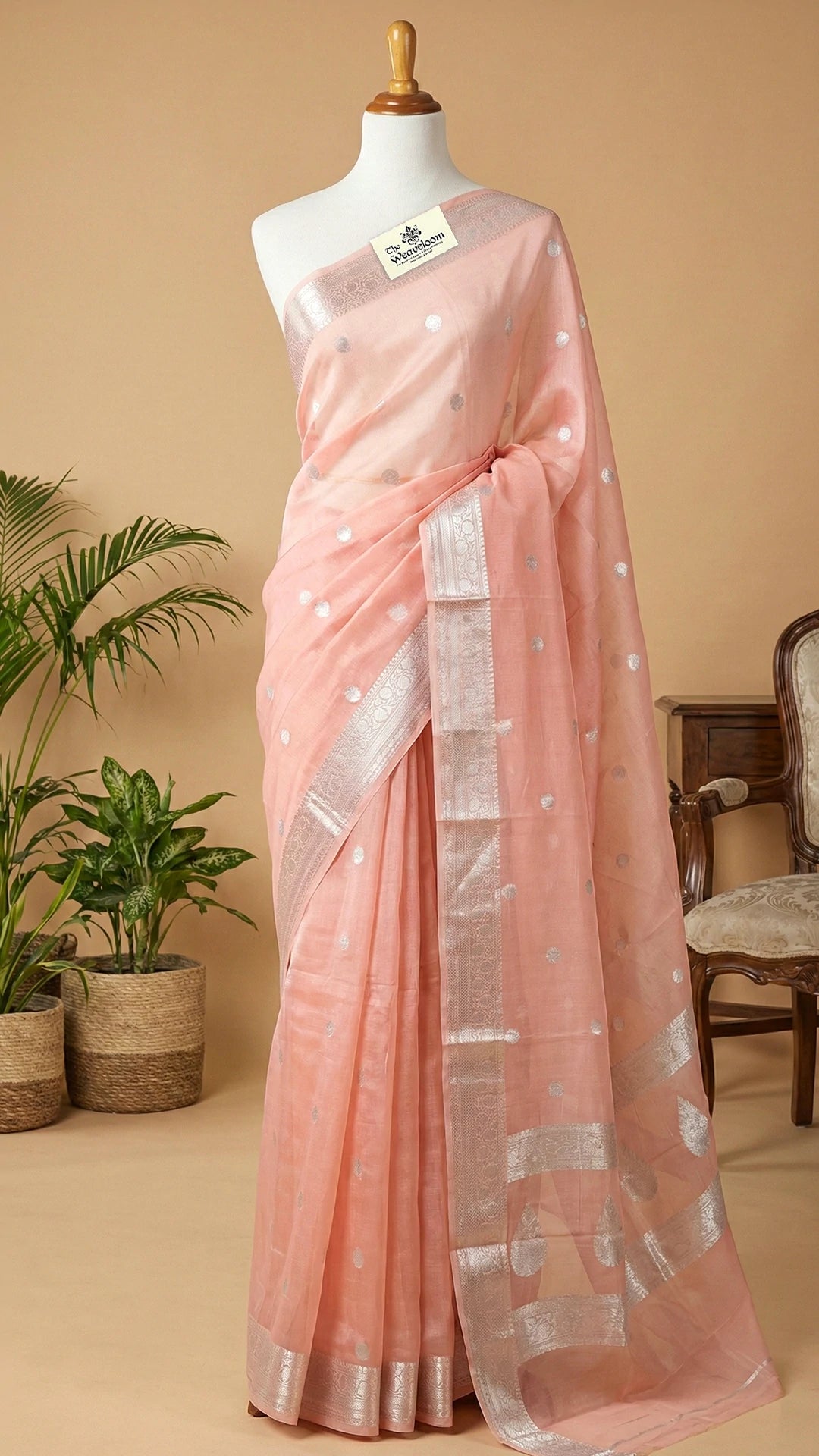 Peach Kora Silk Pure Handloom Banarasi Saree with Silver Zari Motifs and Striped Blouse by The Weaveloom
