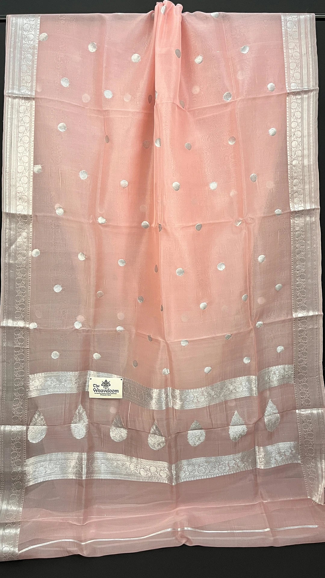 Peach Kora Silk Pure Handloom Banarasi Saree with Silver Zari Motifs and Striped Blouse by The Weaveloom